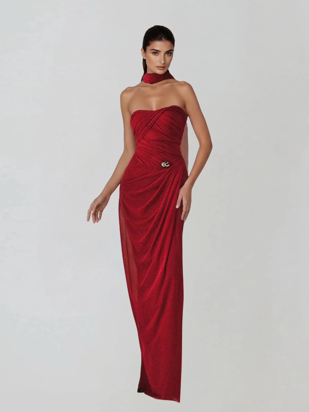 Dexurion Ruched Scarf Maxi Dress In Wine - Image 3