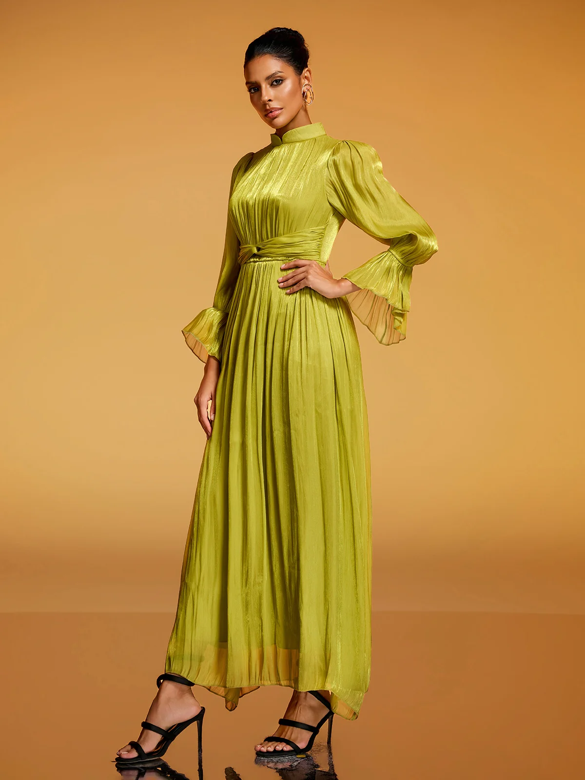 Dhavala Flare Sleeve Maxi Dress In Chartreuse - Image 2
