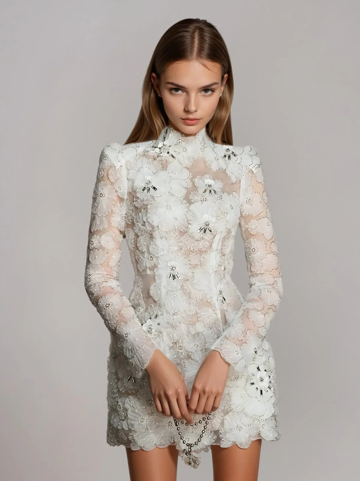 Diapente Flower Pearl Mesh Mini Dress