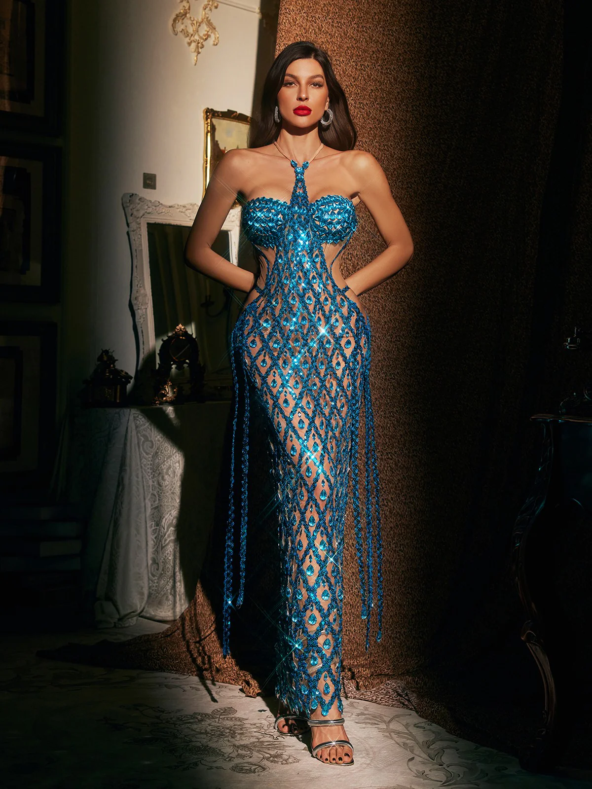 Diego Halterneck Embellished Mesh Maxi Dress In Blue
