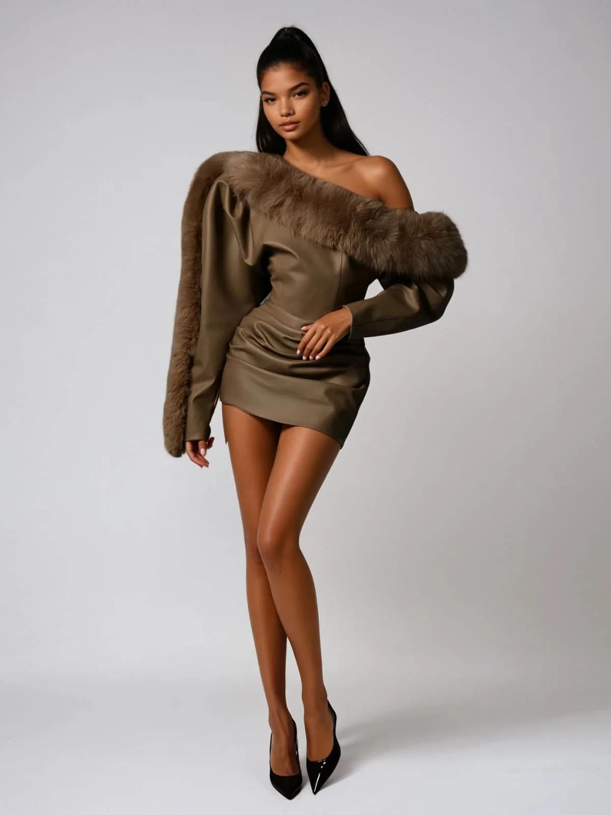 Dioptra One Shoulder Leather Faux Fur Mini Dress In Chocolate - Image 3