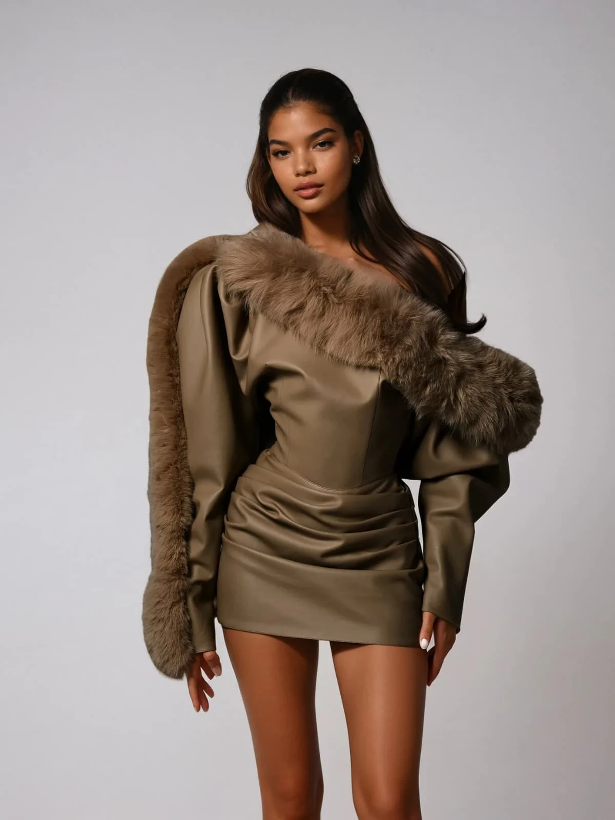 Dioptra One Shoulder Leather Faux Fur Mini Dress In Chocolate - Image 4