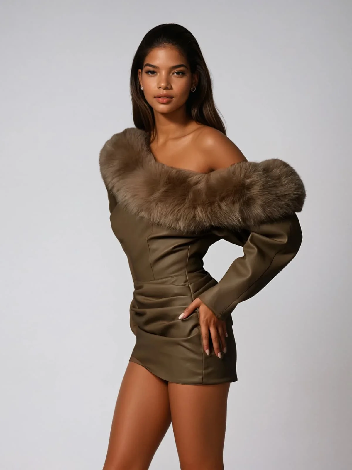 Dioptra One Shoulder Leather Faux Fur Mini Dress In Chocolate - Image 5
