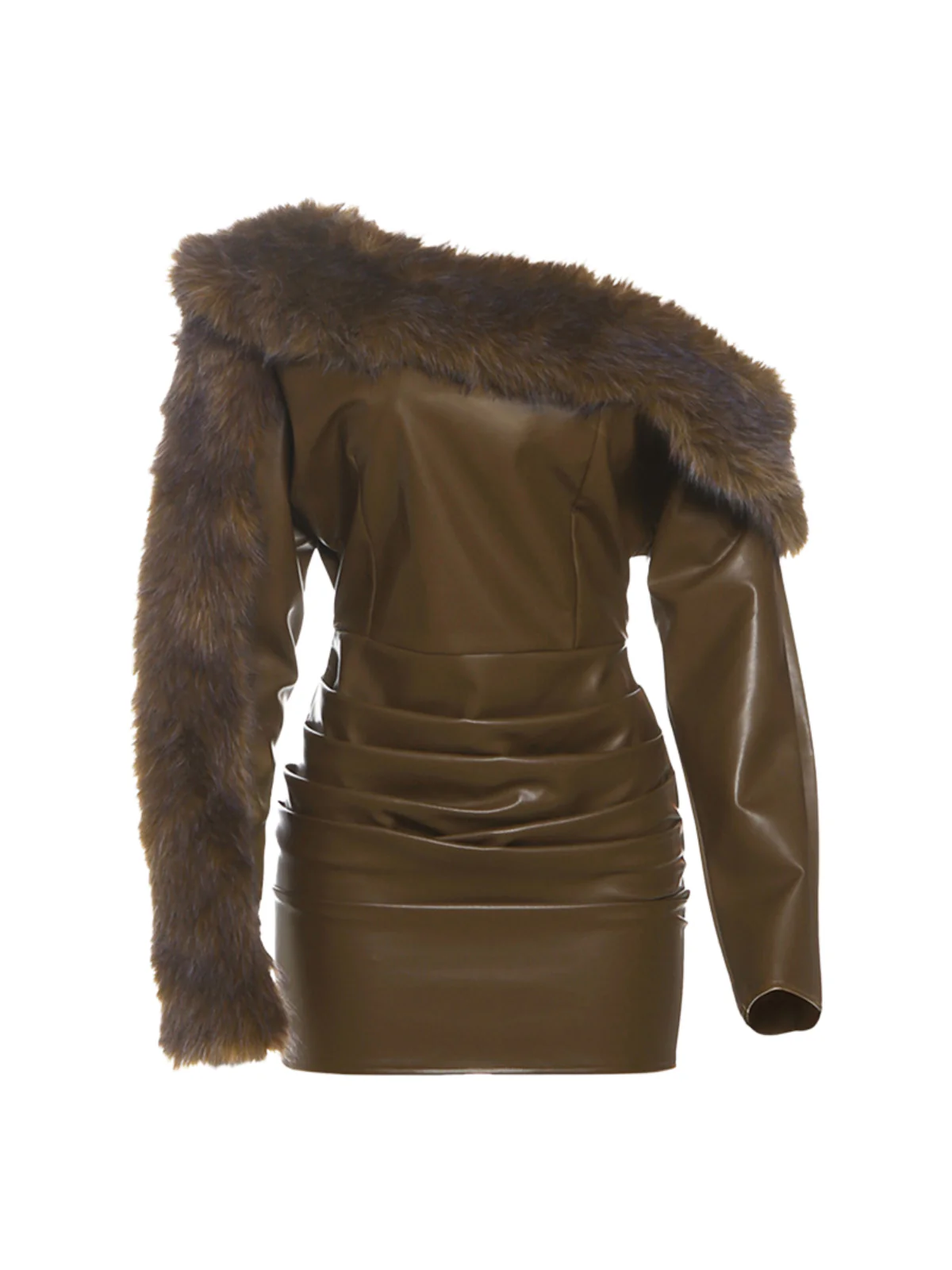 Dioptra One Shoulder Leather Faux Fur Mini Dress In Chocolate - Image 6