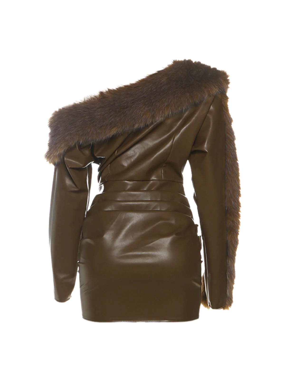Dioptra One Shoulder Leather Faux Fur Mini Dress In Chocolate - Image 7
