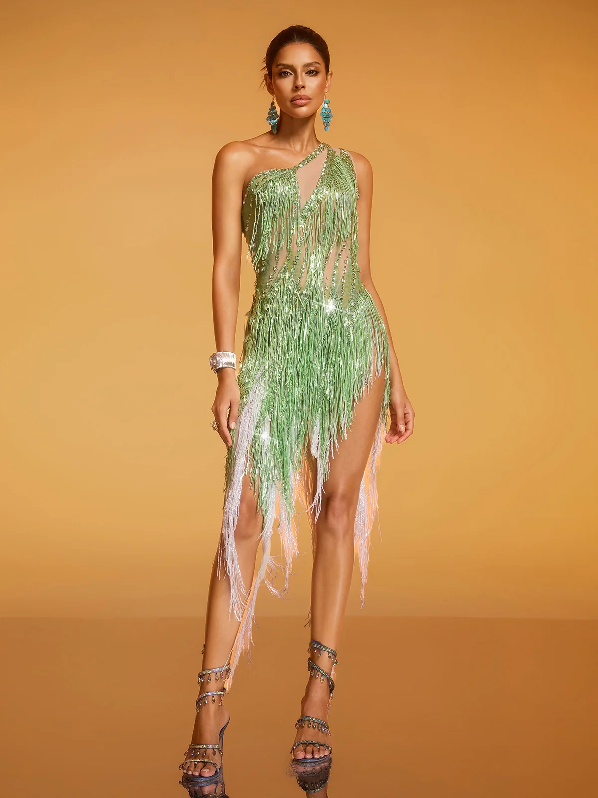 Divya One Shoulder Crystal Fringe Split Dress