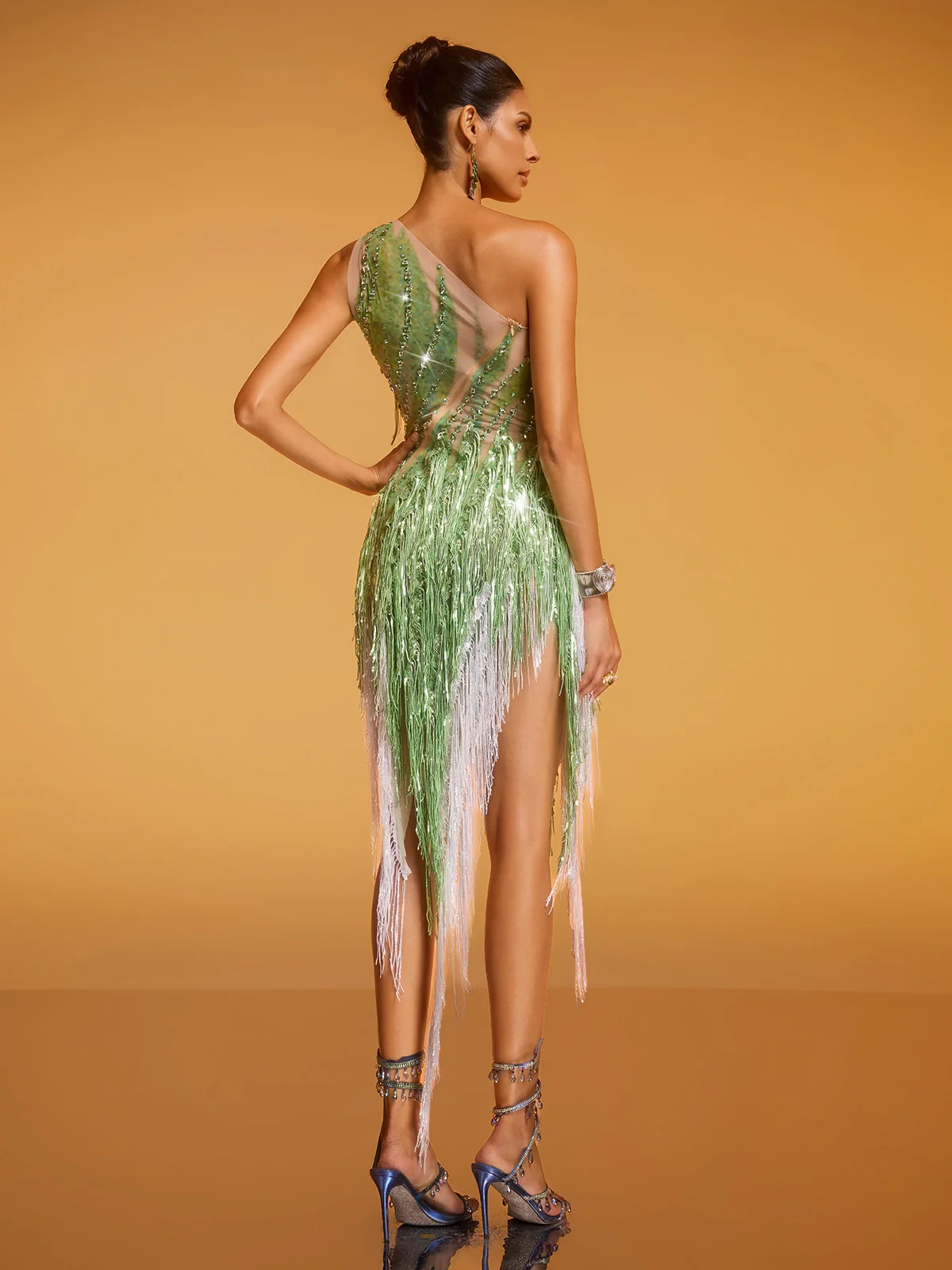 Divya One Shoulder Crystal Fringe Split Dress - Image 6