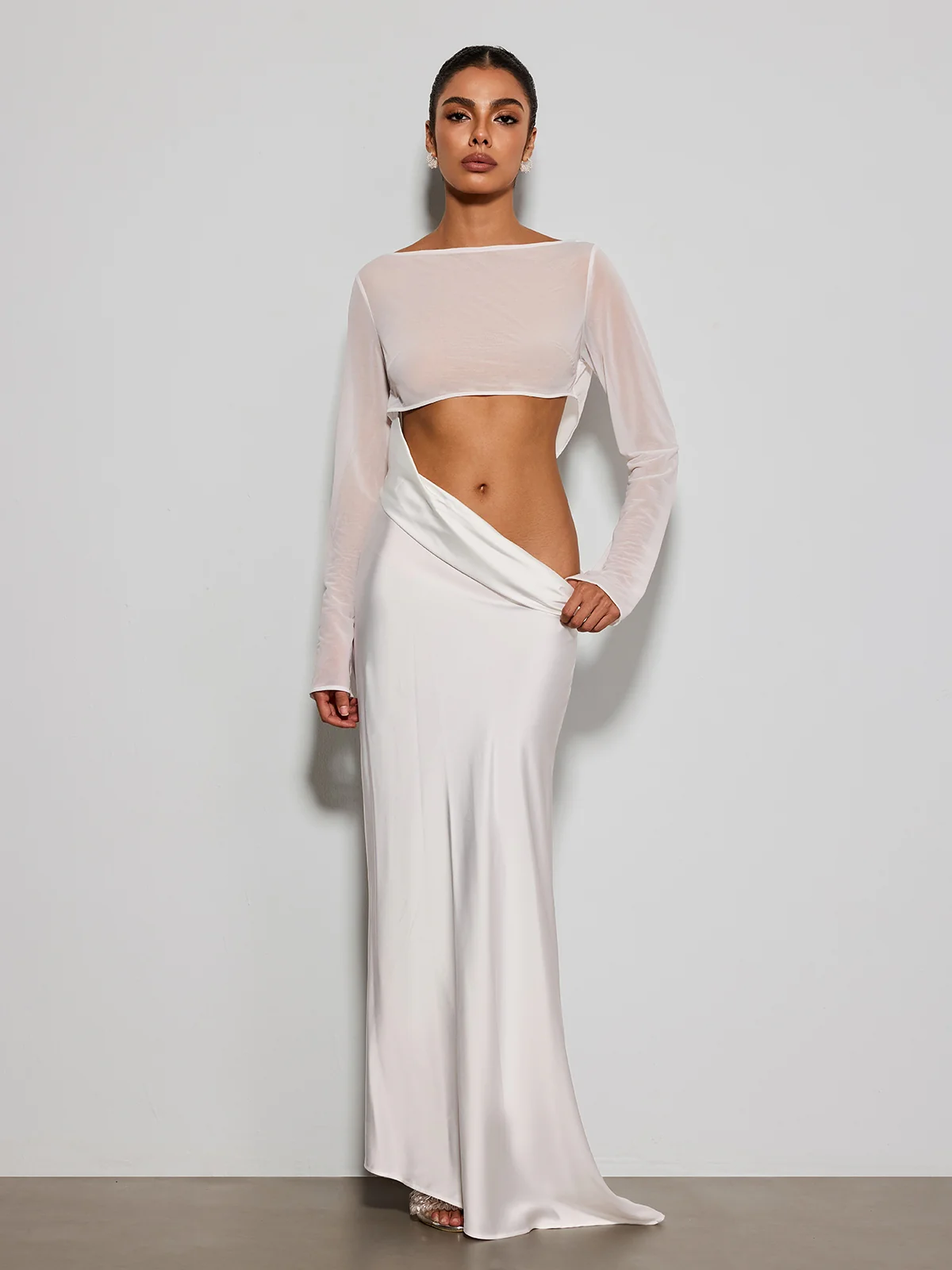 Donata Long Sleeve Cutout Satin Maxi Dress
