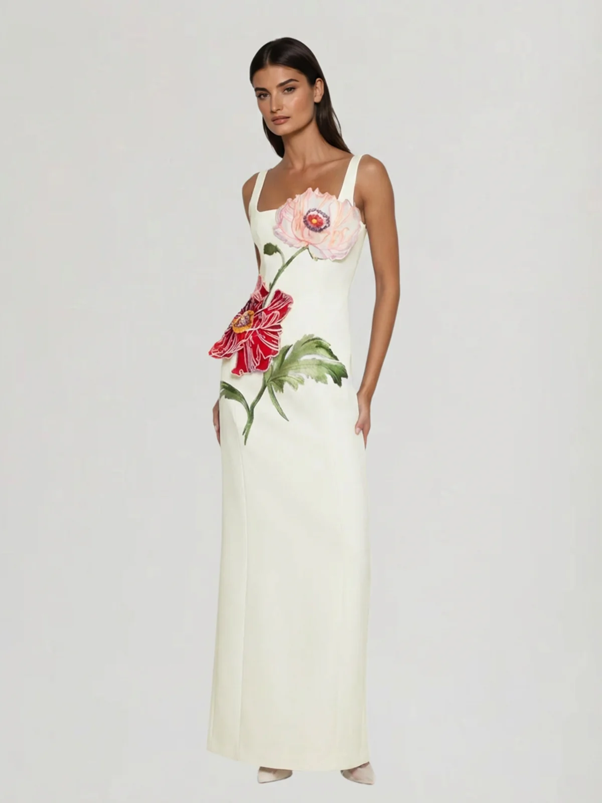 Doryqor Embroidered Flower Maxi Dress In Apricot