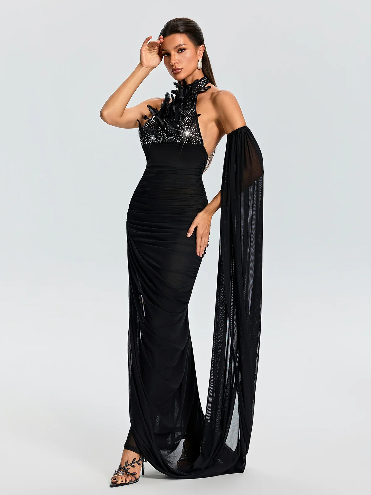 Dravionel Rhinestone Draped Maxi Dress