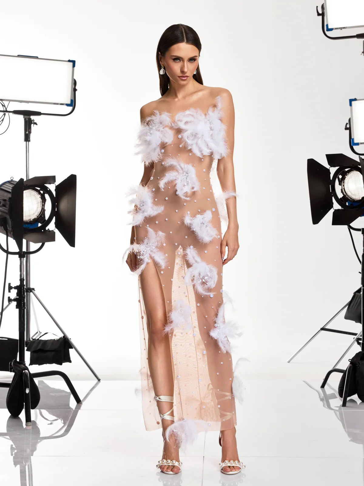 Droven Strapless Feather Mesh Maxi Dress