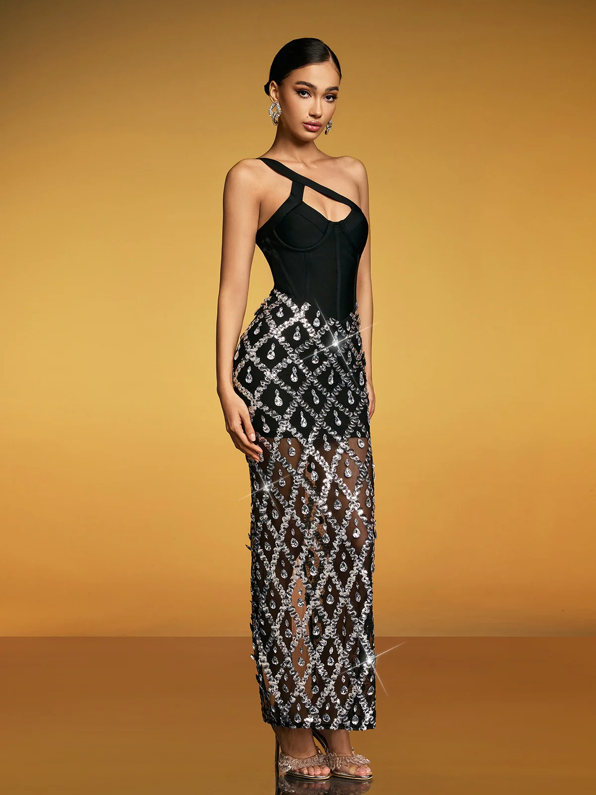 Dualyne Sequin Crystal Split Bandage Maxi Dress - Image 3