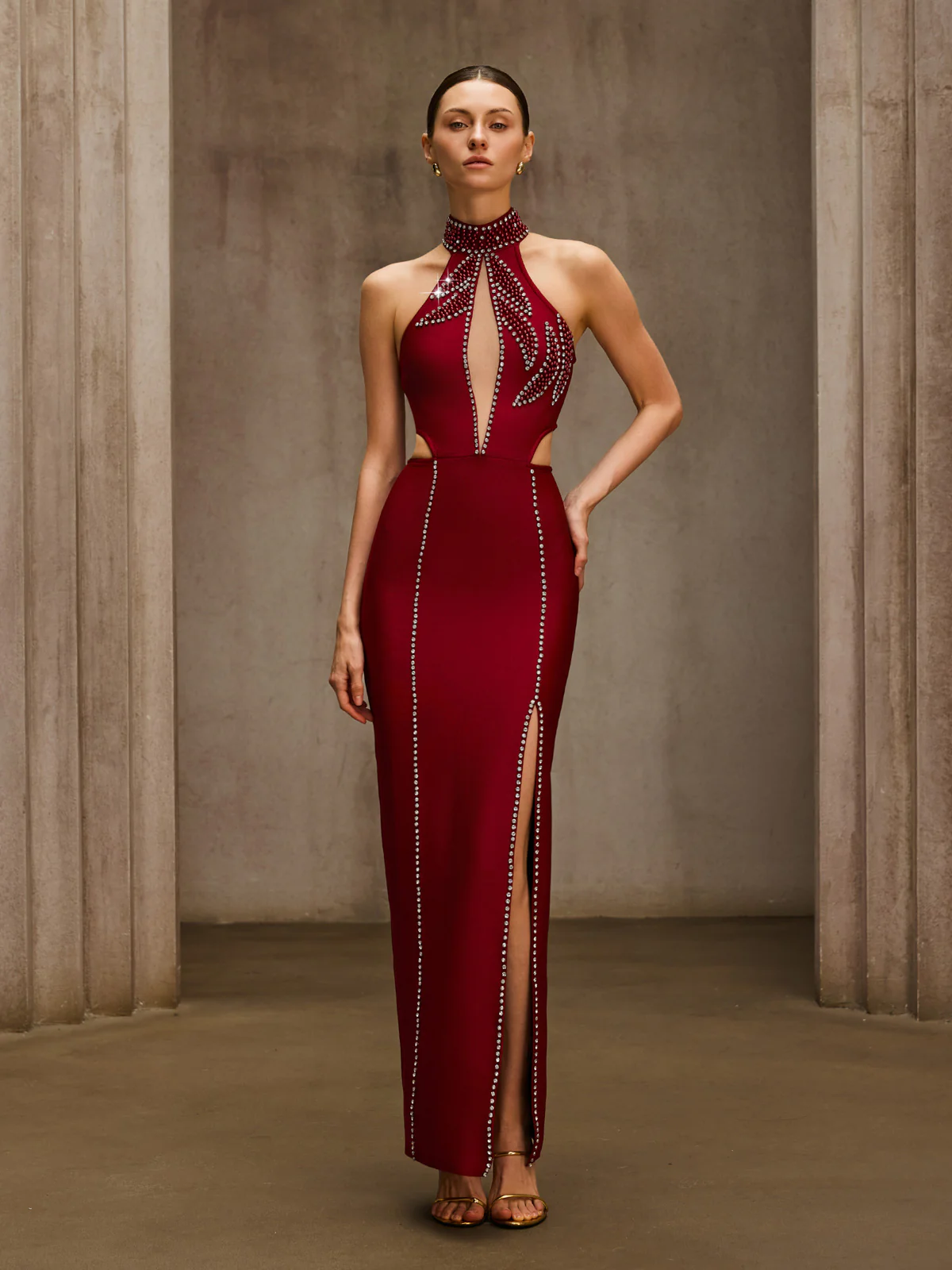 Dympna Halterneck Crystal Bandage Maxi Dress