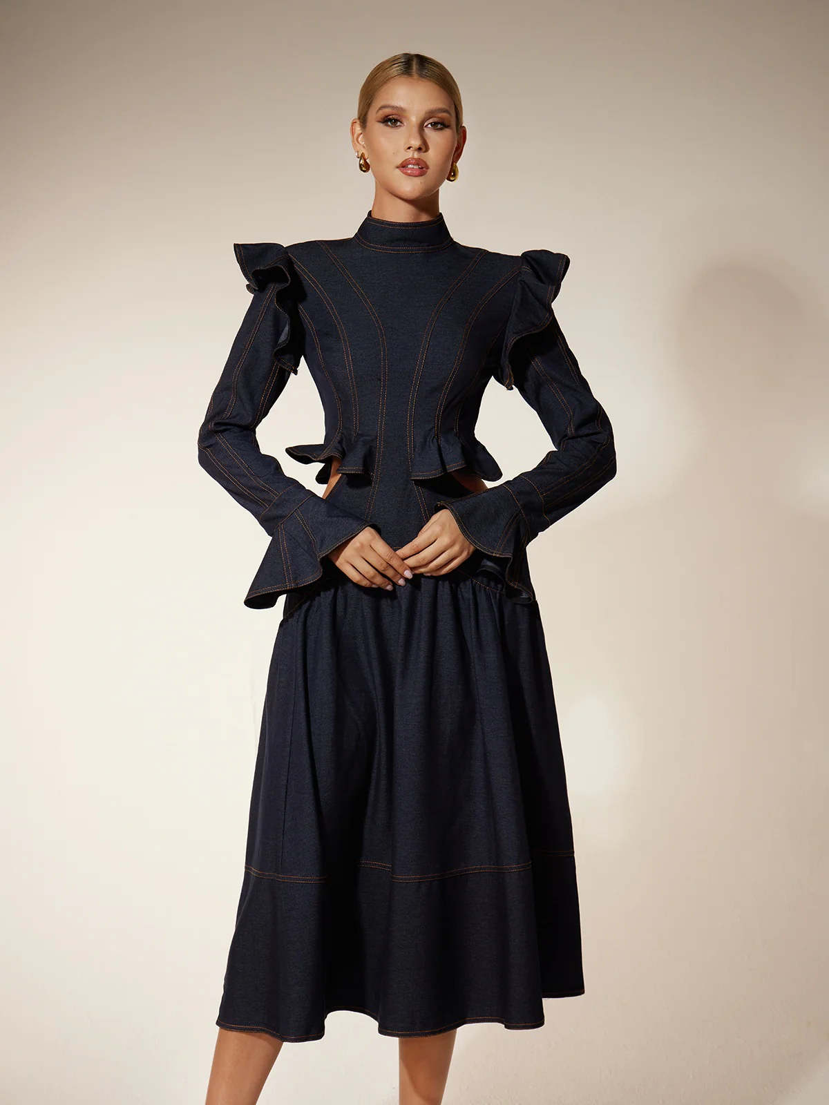 Ekkeko Flare Sleeve Cutout Denim Dress - Image 2