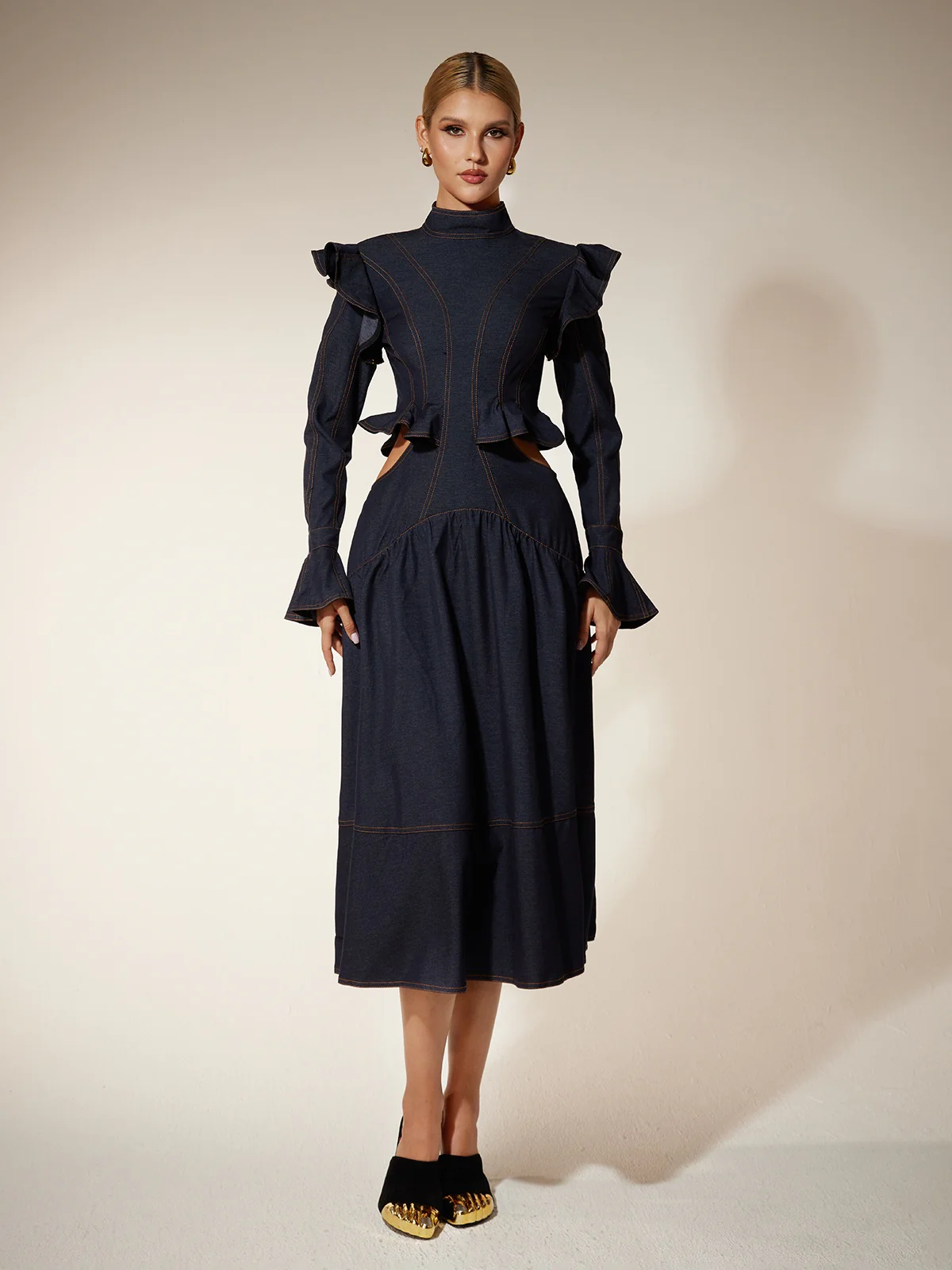 Ekkeko Flare Sleeve Cutout Denim Dress - Image 3