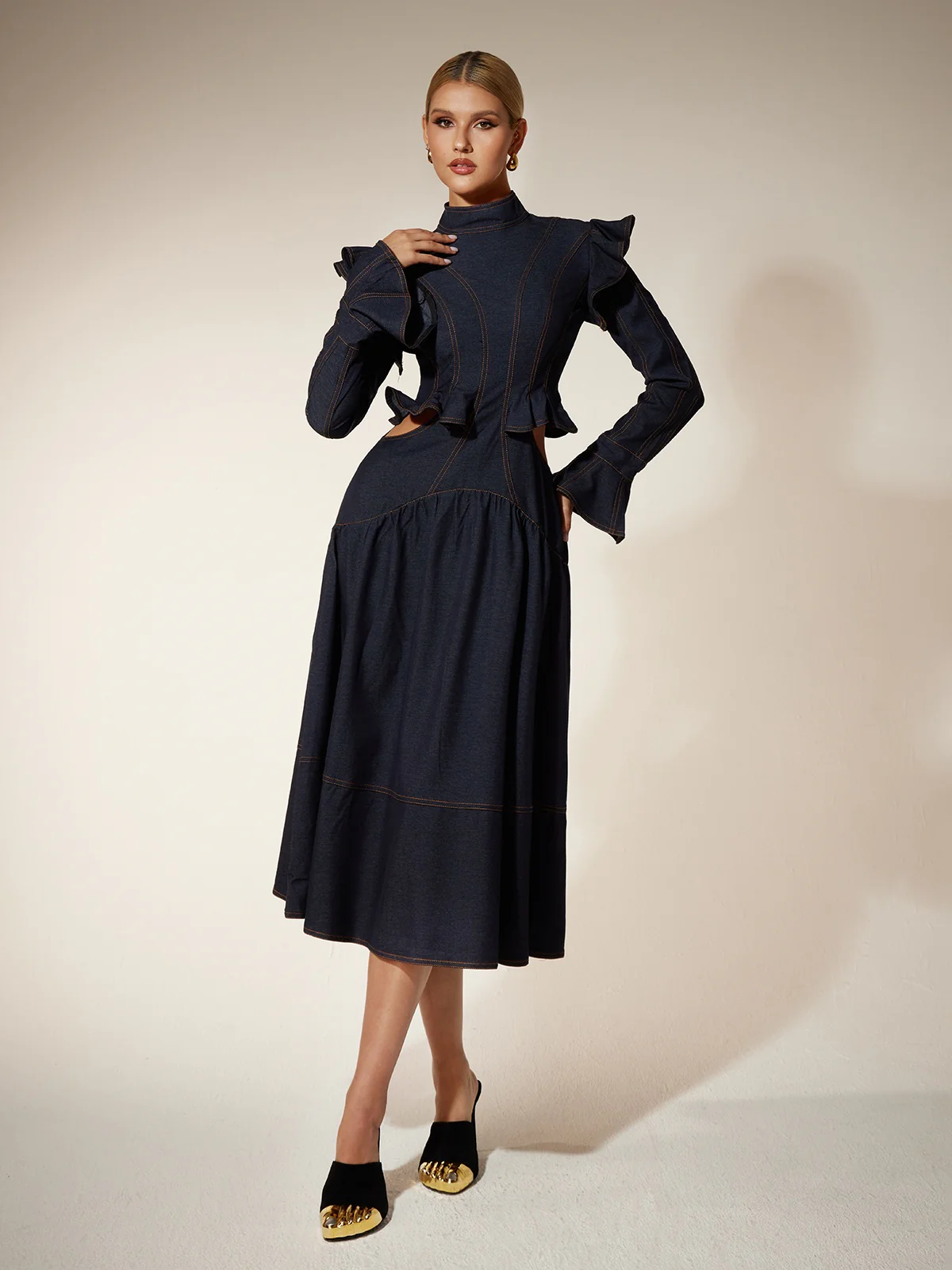 Ekkeko Flare Sleeve Cutout Denim Dress - Image 4