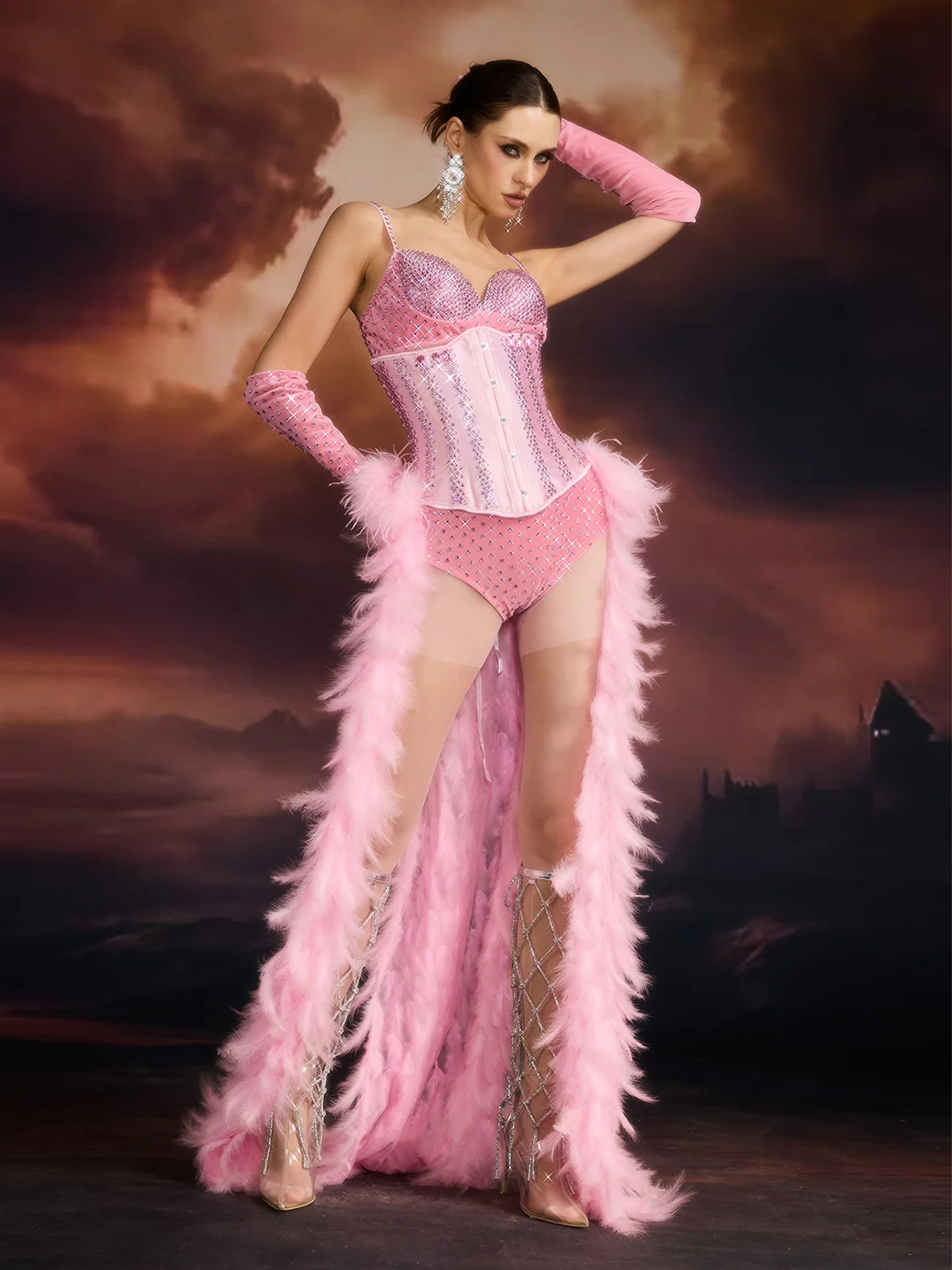 Elfreda Feather Crystal Corset Bikini Set