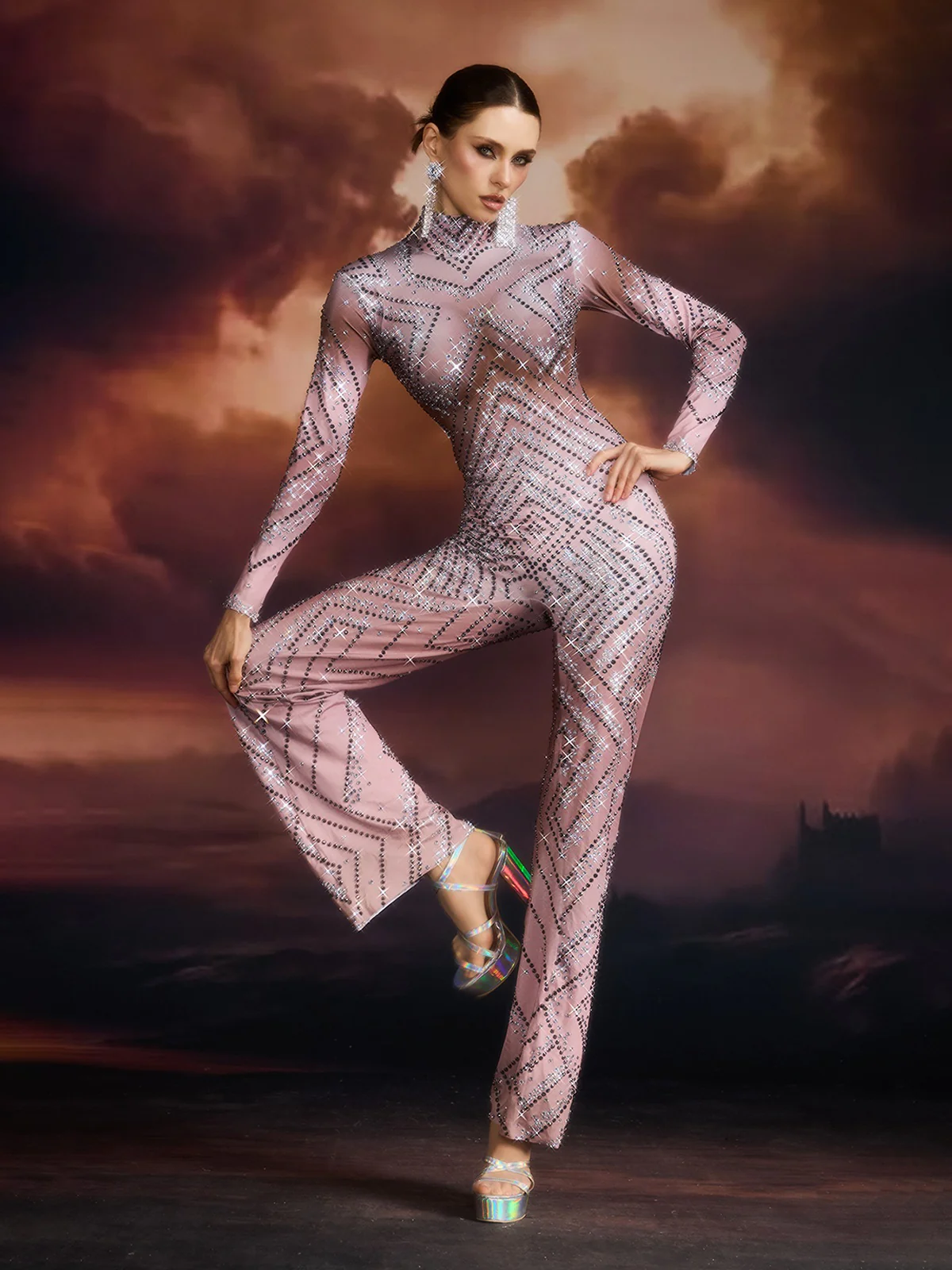 Ellavere Long Sleeve Rhinestone Jumpsuit - Image 2