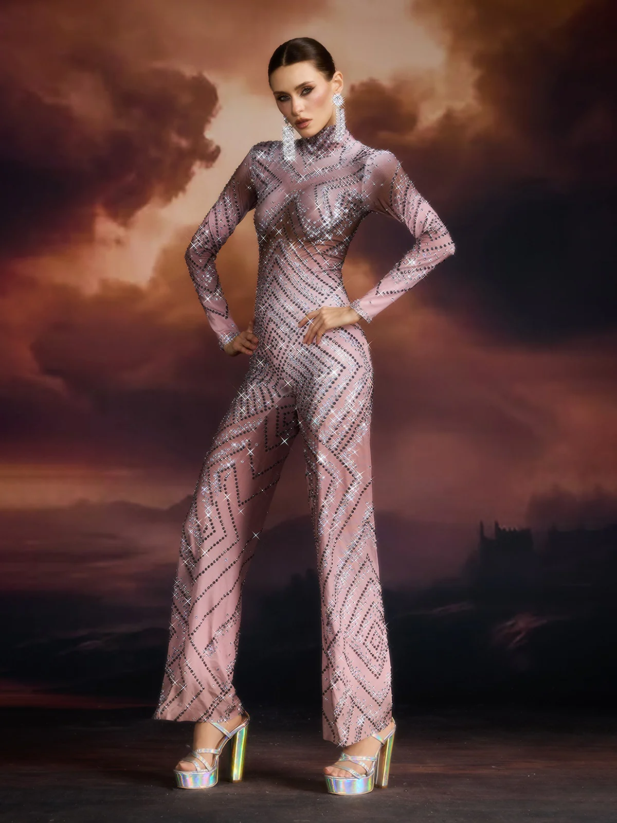 Ellavere Long Sleeve Rhinestone Jumpsuit - Image 3