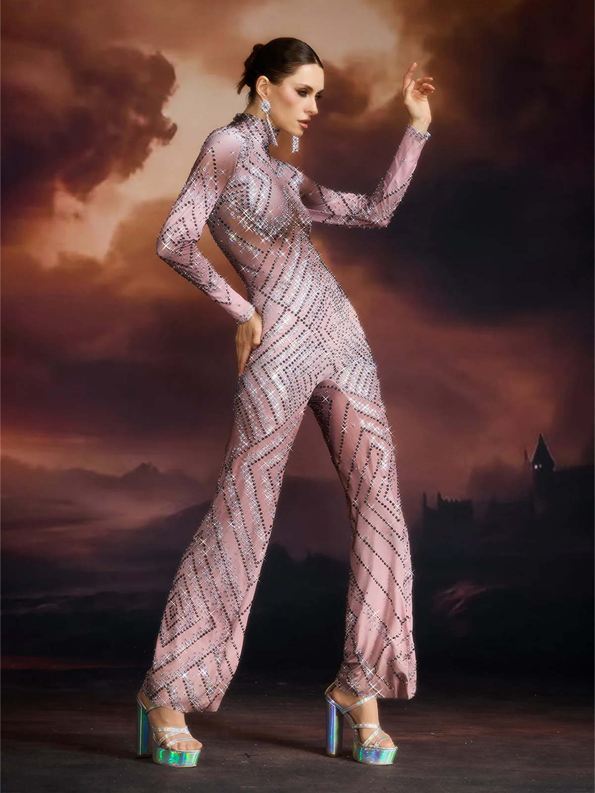 Ellavere Long Sleeve Rhinestone Jumpsuit - Image 4
