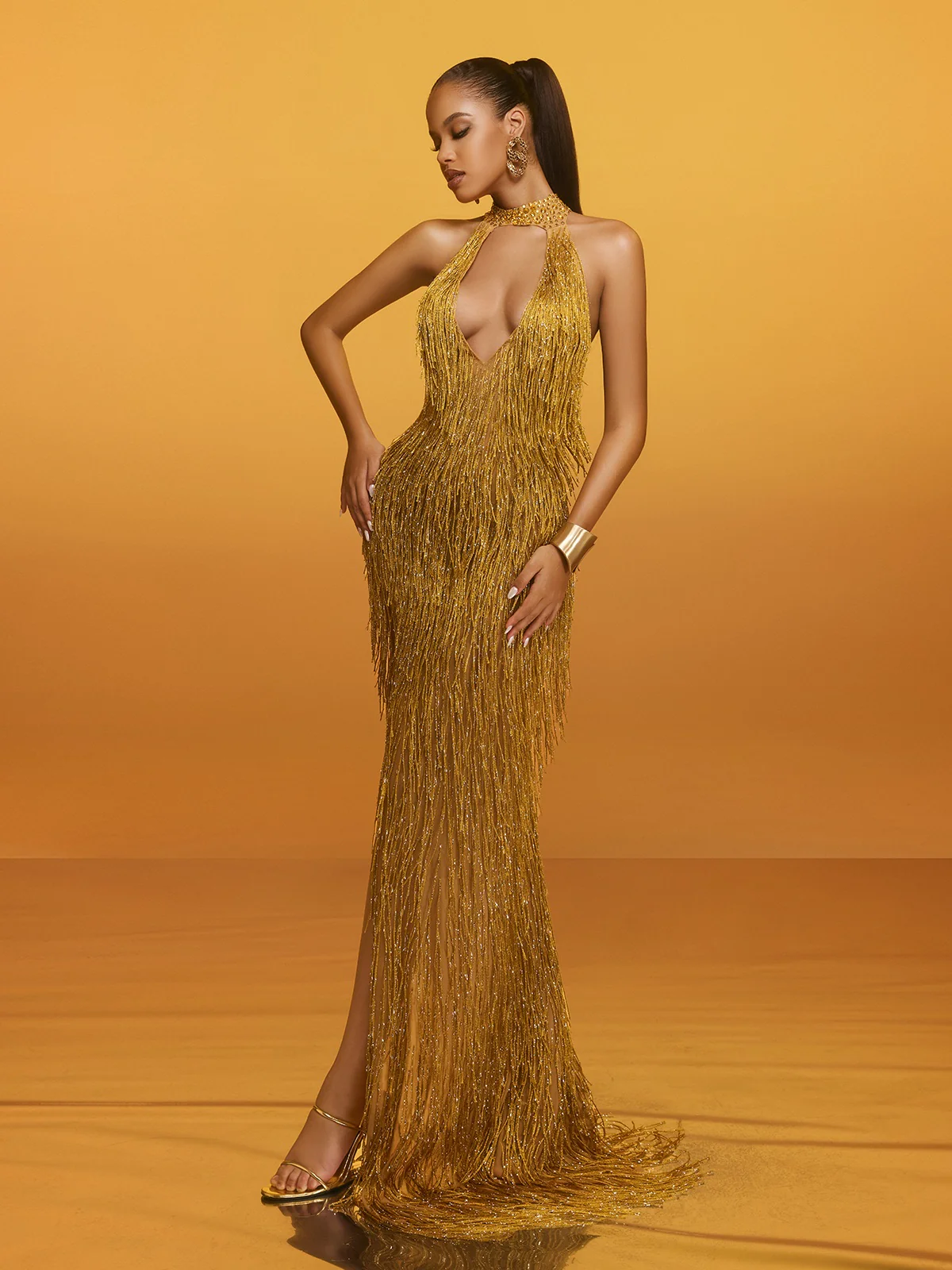 Elvrik Halterneck Fringe Cutout Split Maxi Dress In Gold - Image 3