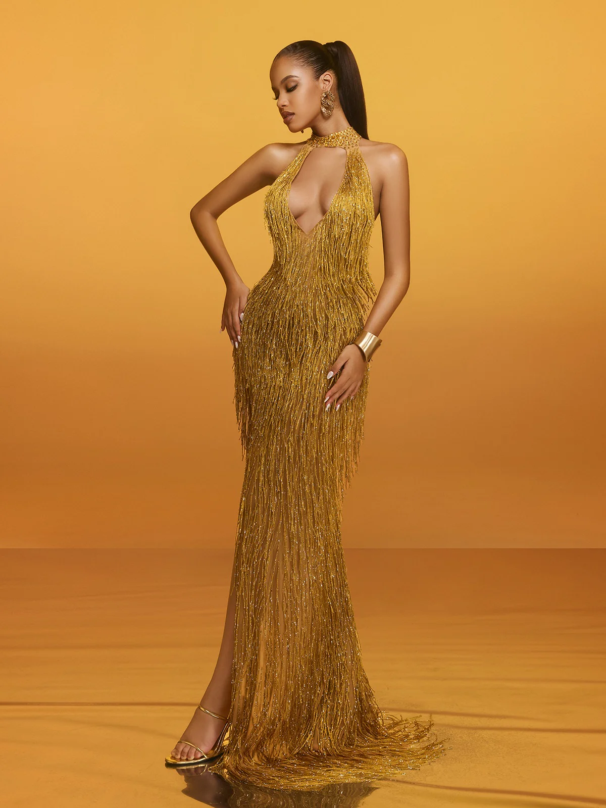Elvrik Halterneck Fringe Cutout Split Maxi Dress In Gold - Image 5