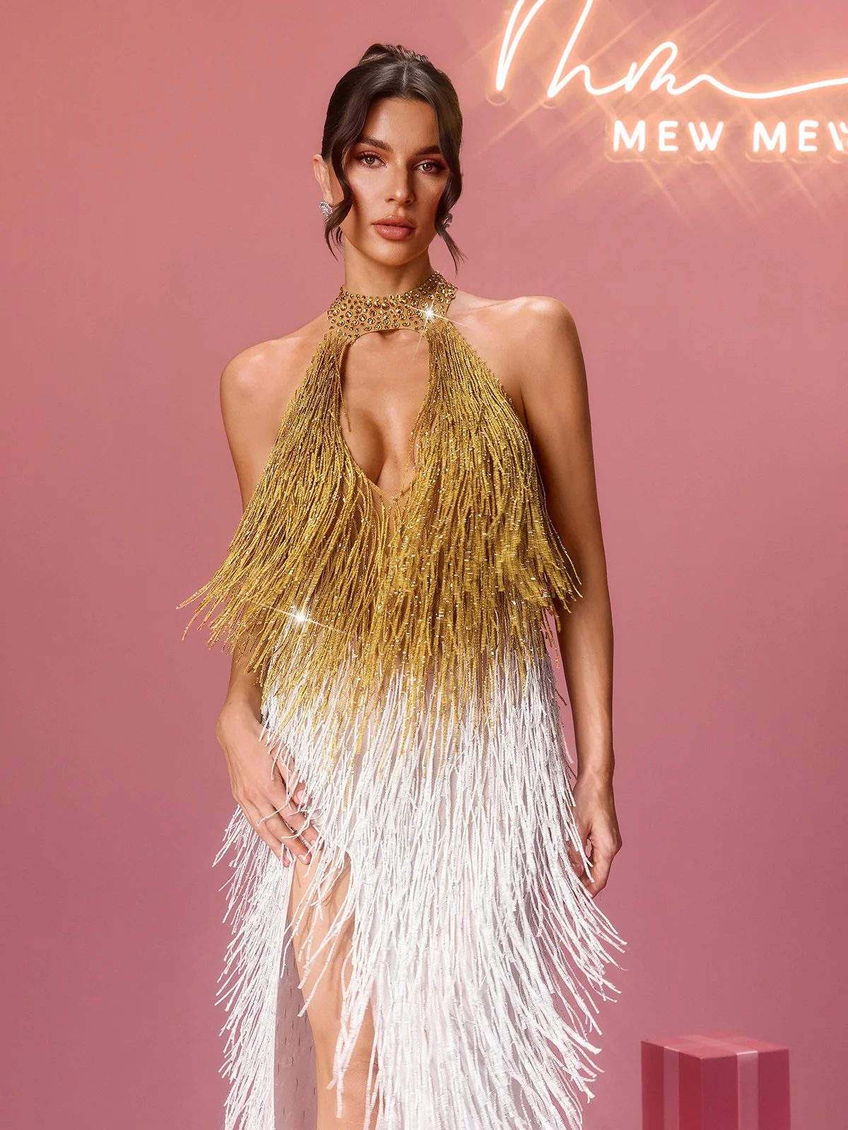 Elvrik Halterneck Fringe Cutout Split Maxi Dress In Gold & White - Image 5