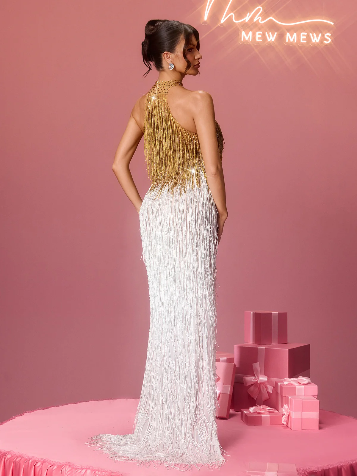 Elvrik Halterneck Fringe Cutout Split Maxi Dress In Gold & White - Image 6
