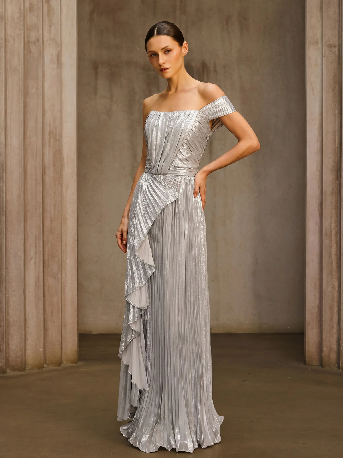 Emele One Shoulder Pleated Metallic Dress