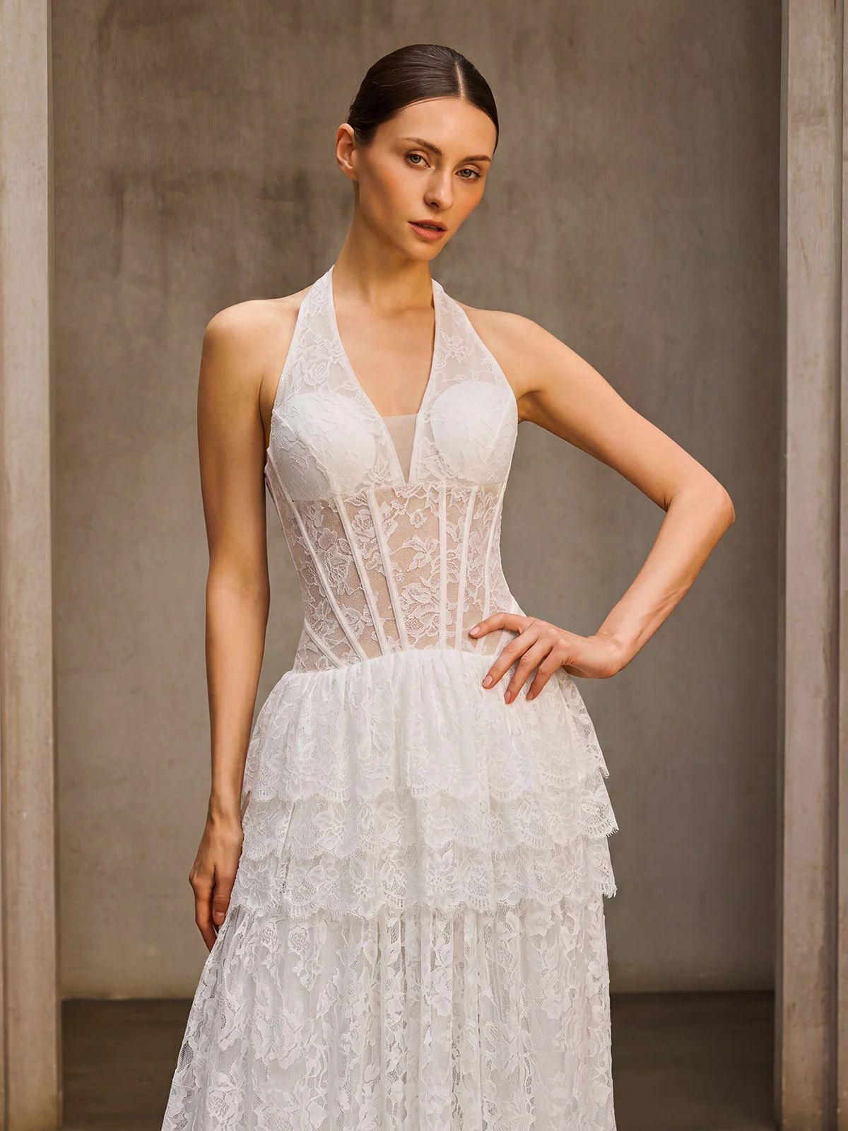 Emiliya Halterneck Lace Tiered Maxi Dress - Image 2