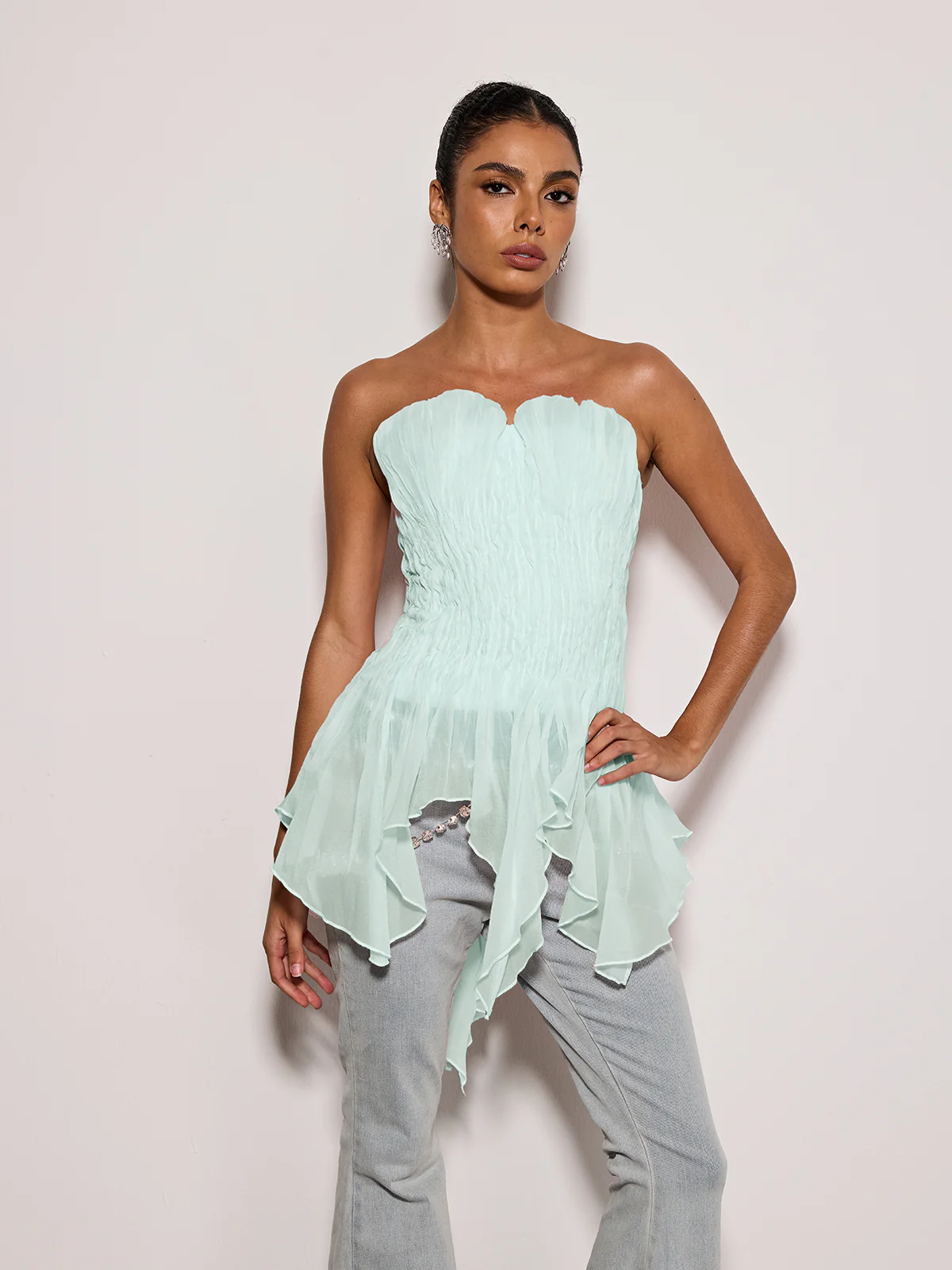 Emke Strapless Ruched Top In Green