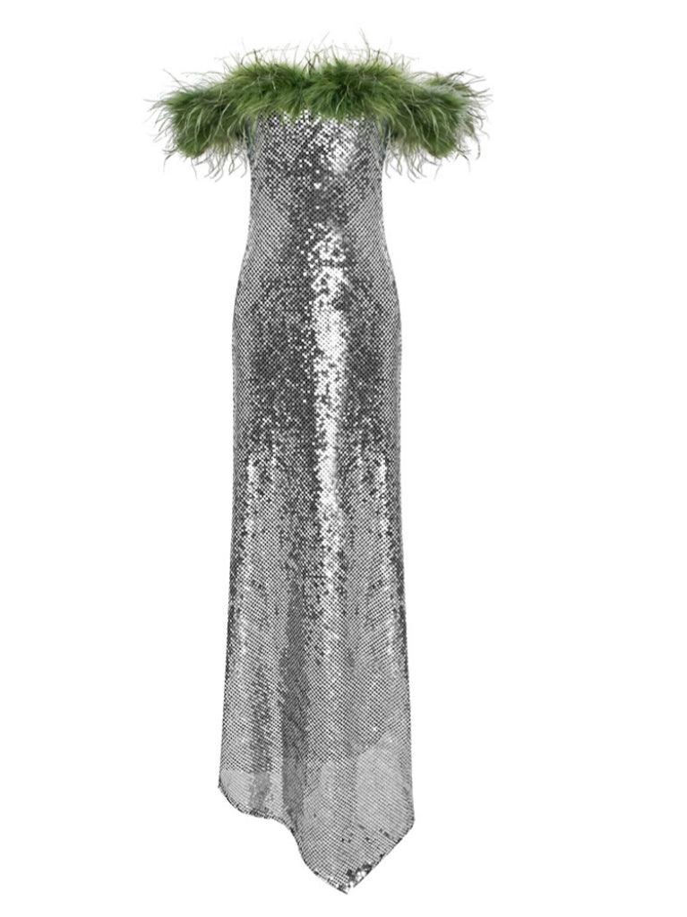 Ephrodite Off Shoulder Sequin Feather Maxi Dress - Image 6