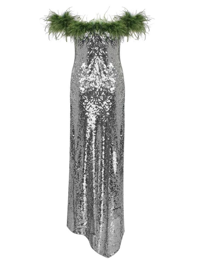 Ephrodite Off Shoulder Sequin Feather Maxi Dress - Image 8