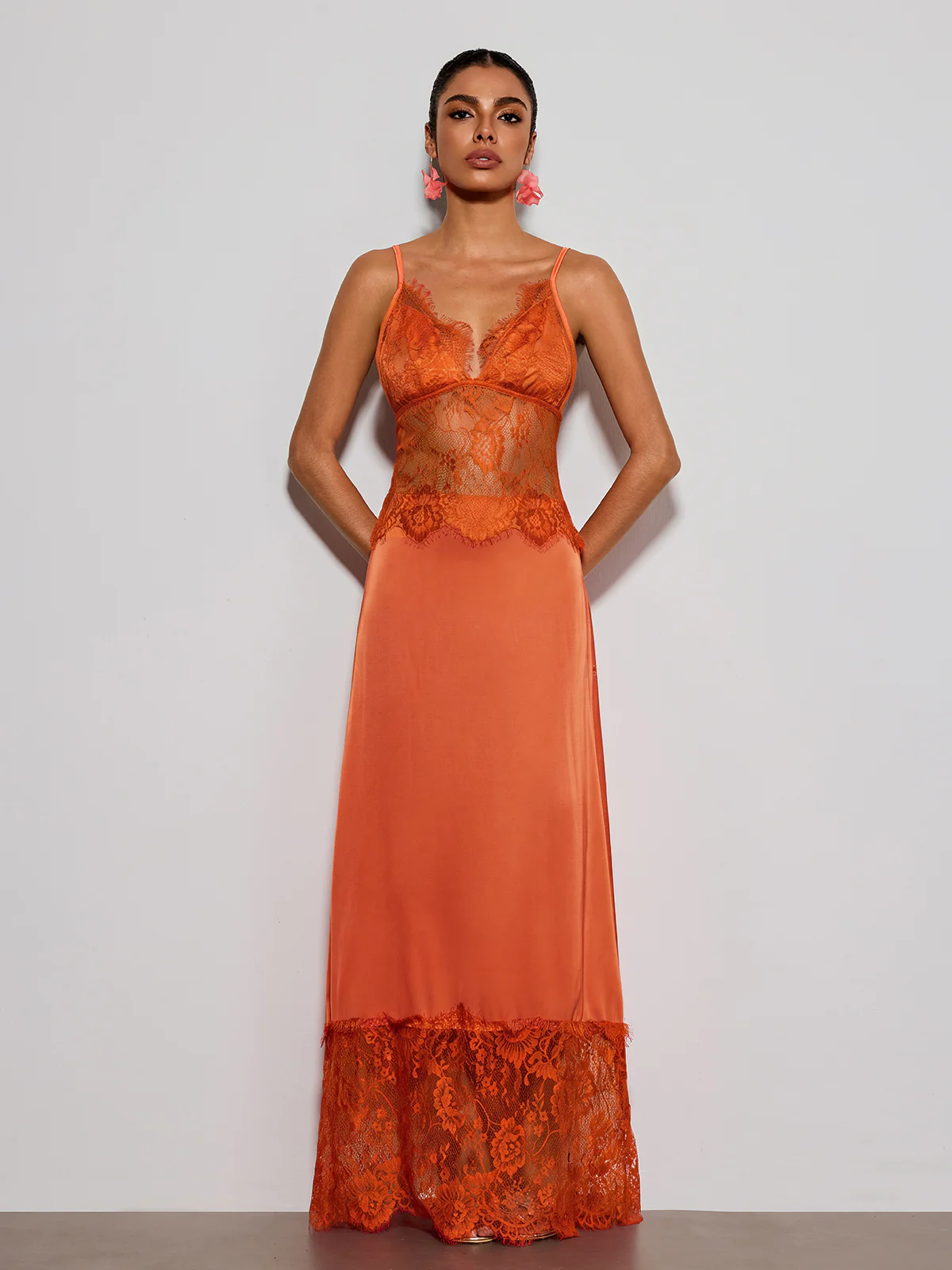 Erastes Spaghetti Lace Maxi Dress In Orange - Image 2