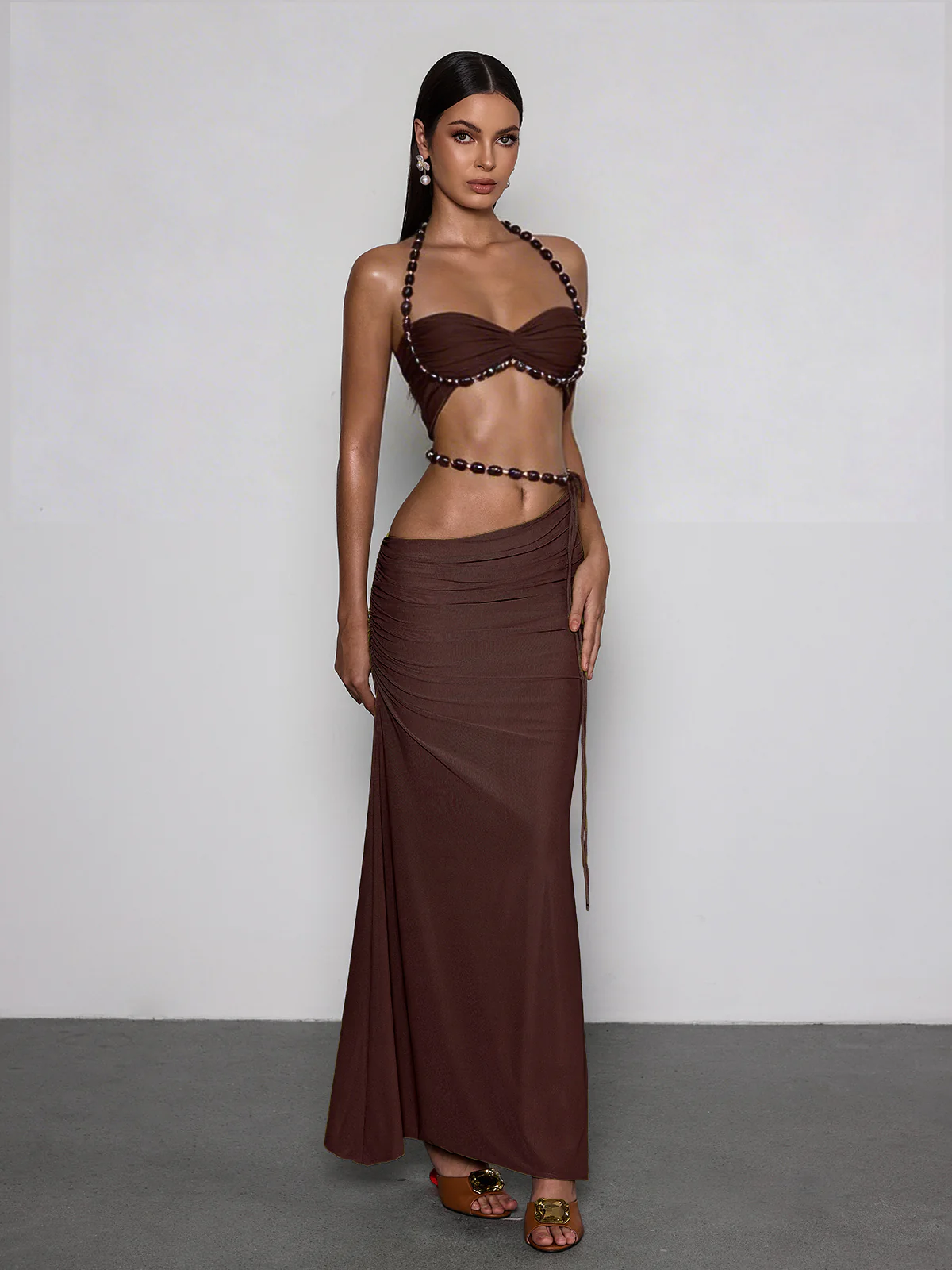 Eryna Halterneck Ruched Skirt Set In Coffee - Image 5