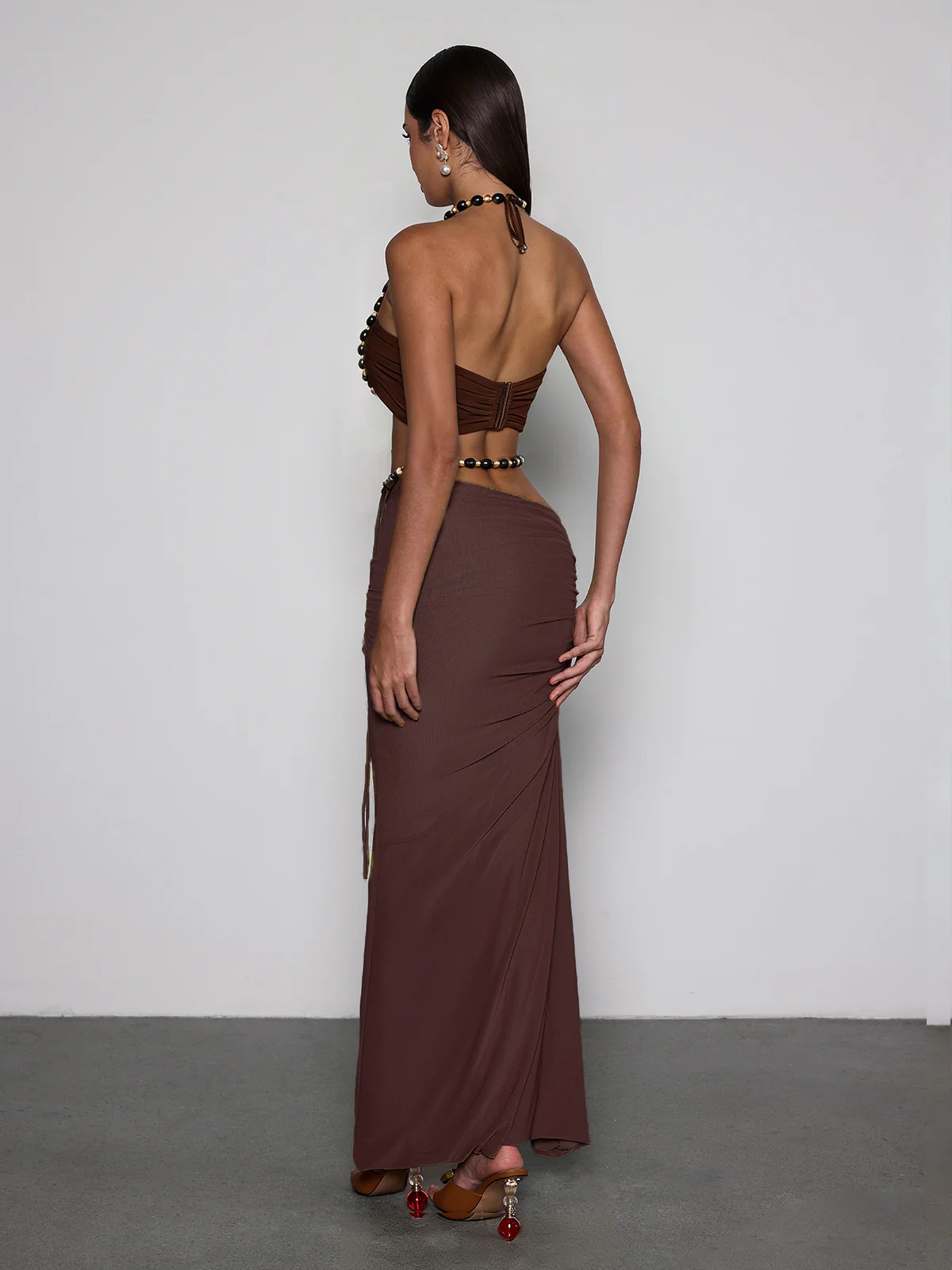 Eryna Halterneck Ruched Skirt Set In Coffee - Image 6