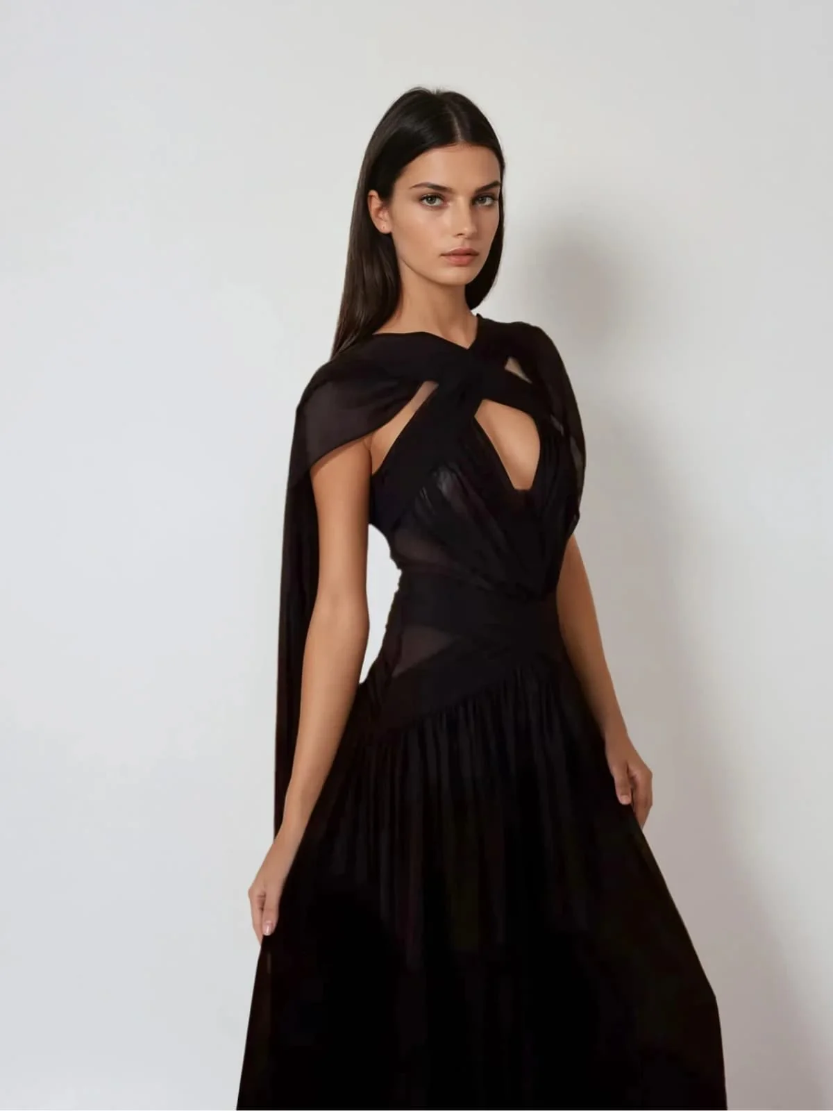 Eryvon Backless Draped Mesh Maxi Dress