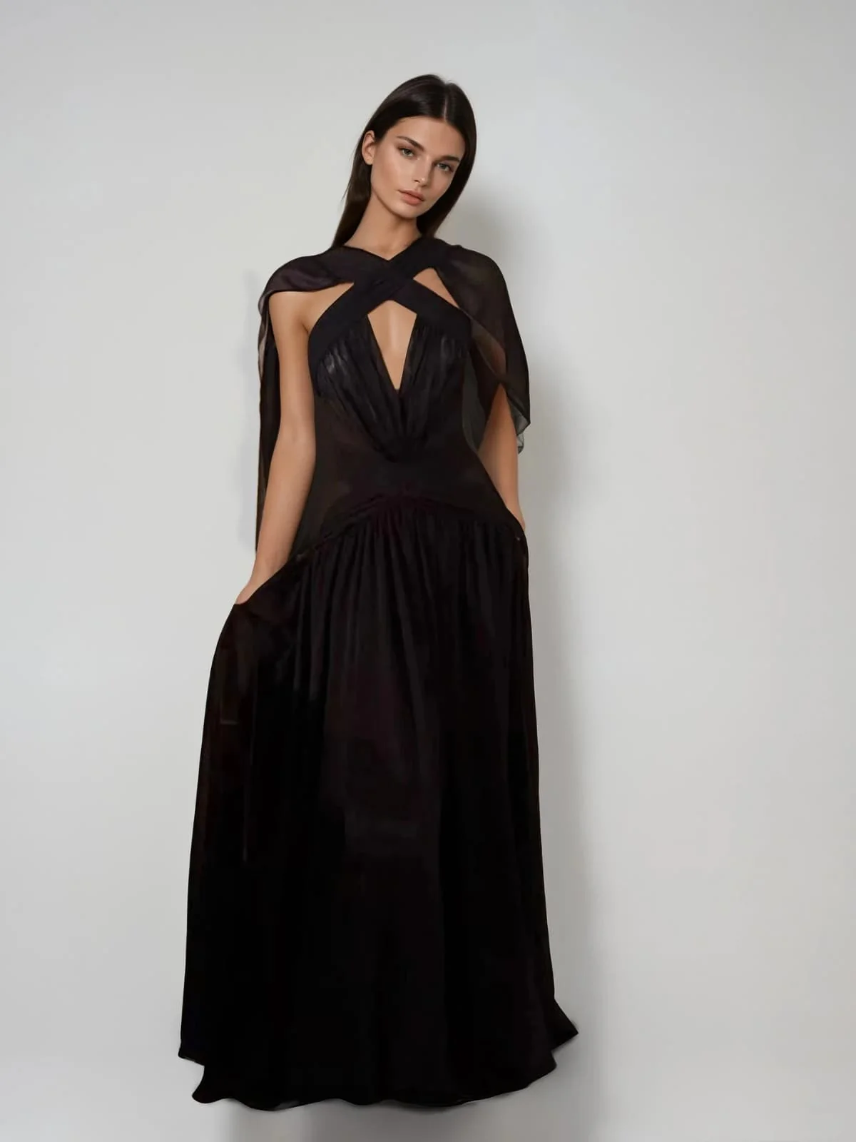 Eryvon Backless Draped Mesh Maxi Dress - Image 2