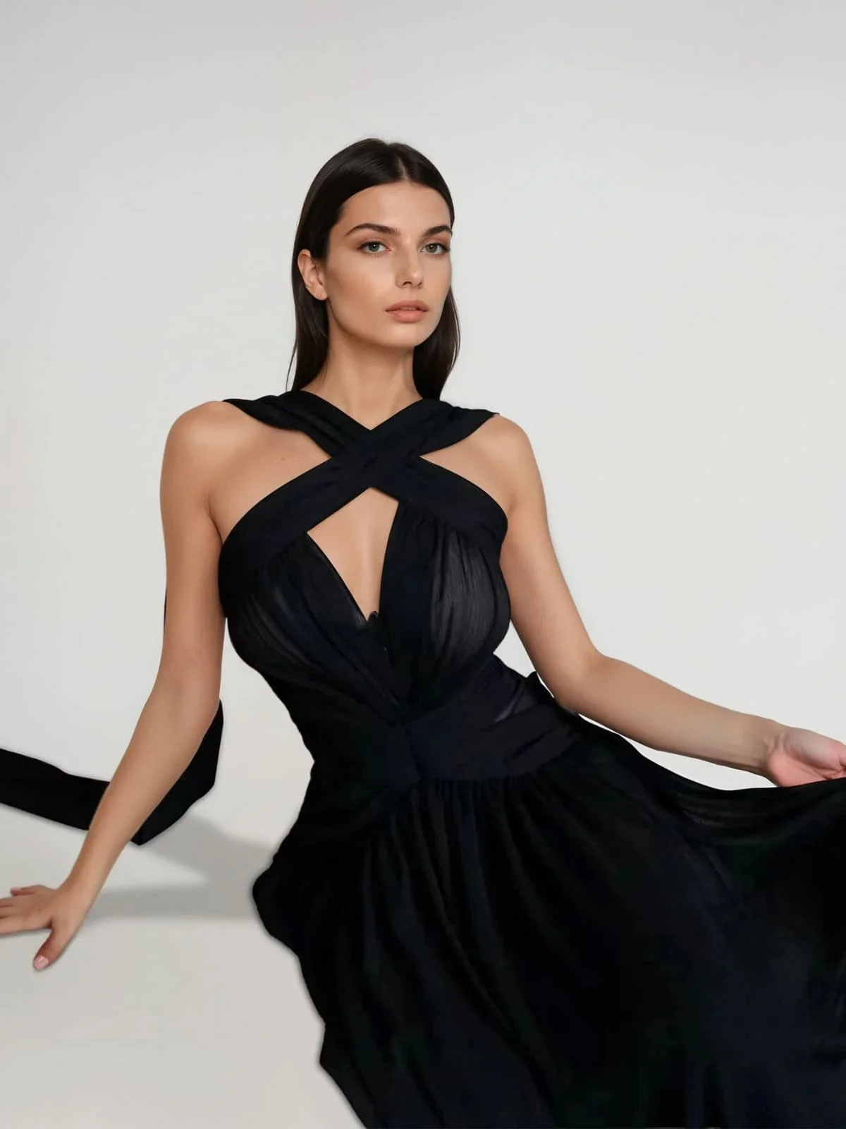 Eryvon Backless Draped Mesh Maxi Dress - Image 4