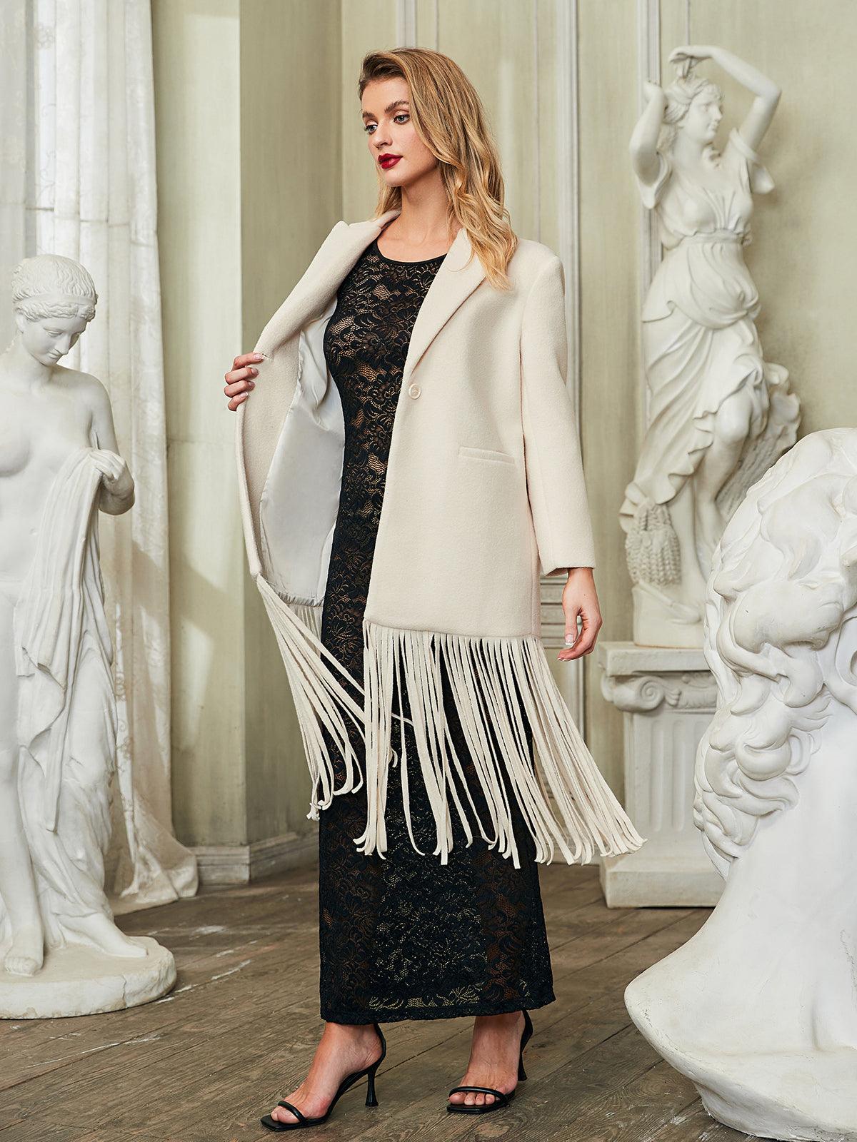 Esclarmonde V Neck Fringe Woolen Coat - Image 2