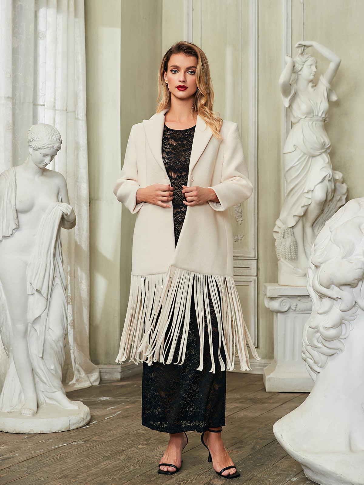 Esclarmonde V Neck Fringe Woolen Coat - Image 3
