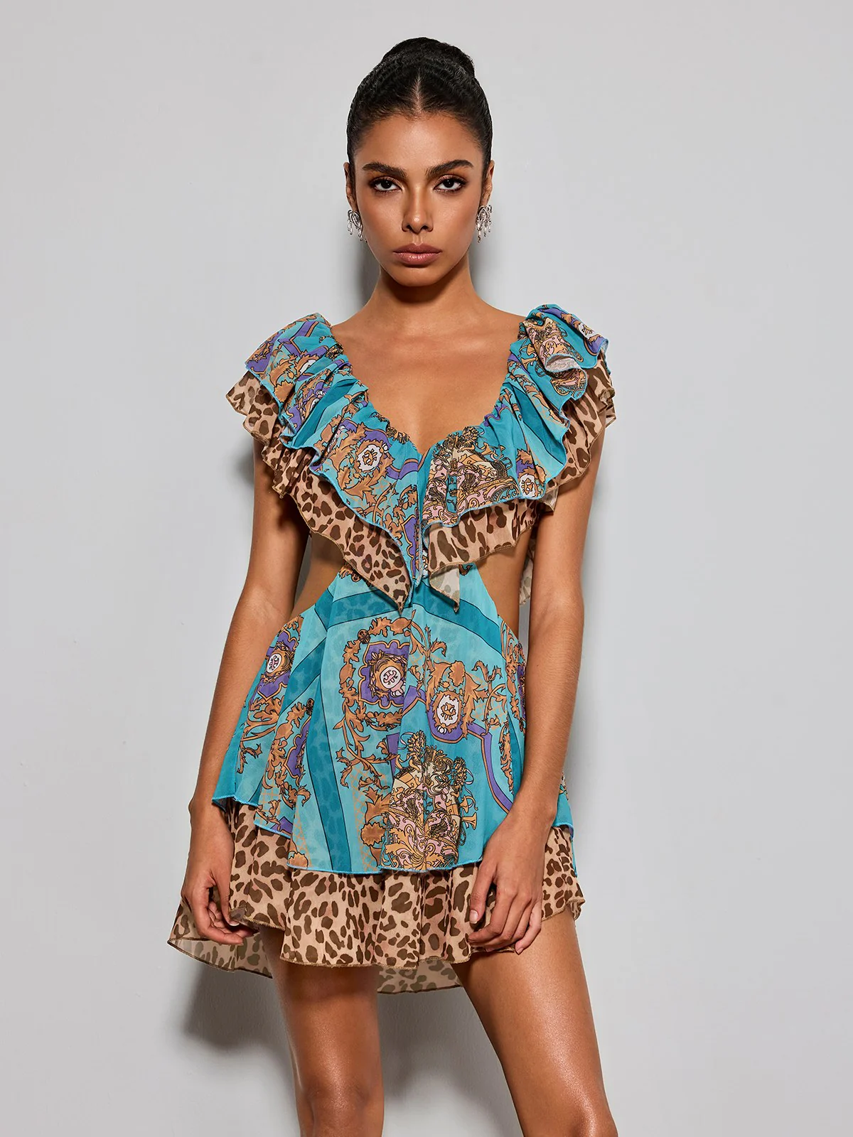 Eshana V Neck Cutout Printed Mini Dress