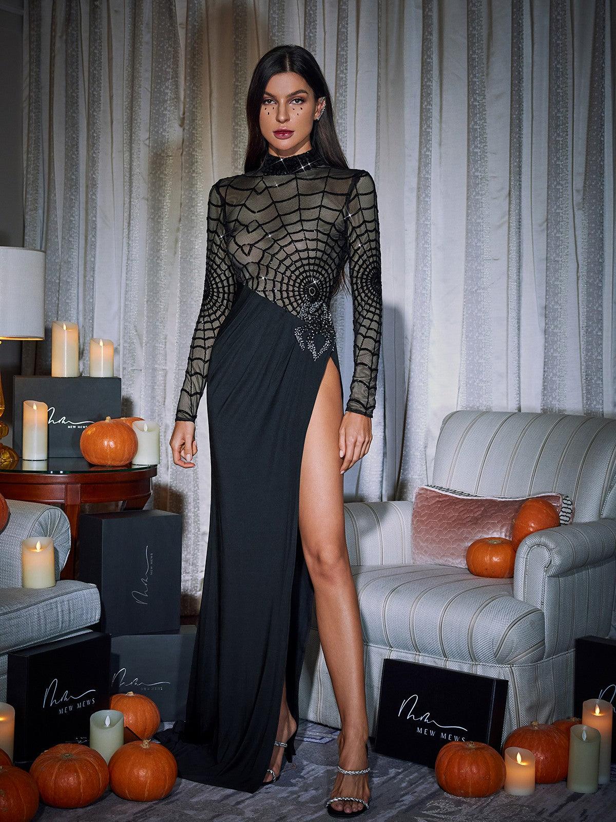 Esmeree Long Sleeve Cobweb Sequin Split Dress - Image 4