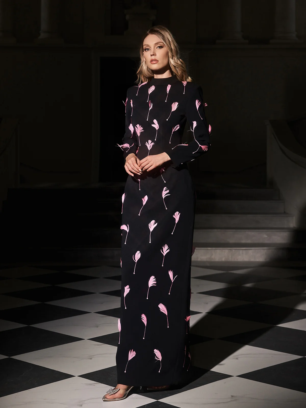 Evyra Cutout Feather Split Maxi Dress