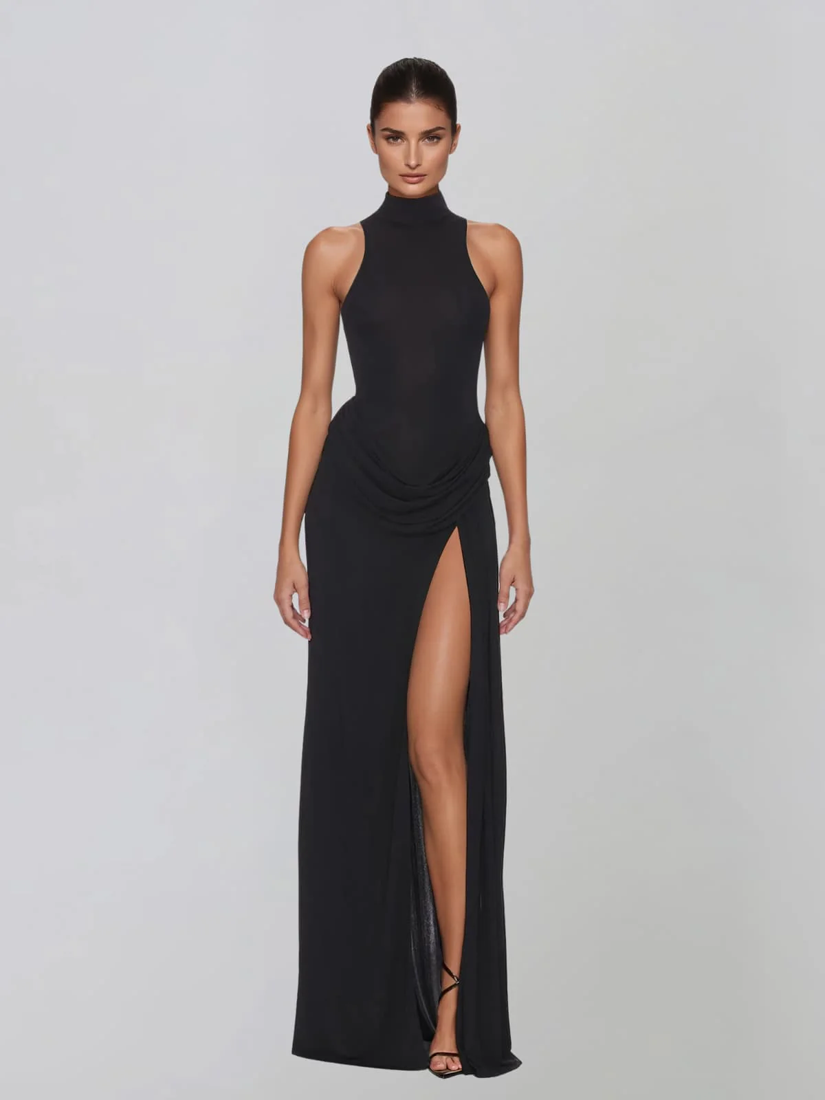 Exanthis High Neck Draped Split Maxi Dress In Black