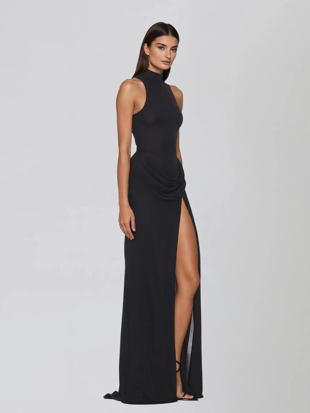 Exanthis High Neck Draped Split Maxi Dress In Black - Image 2