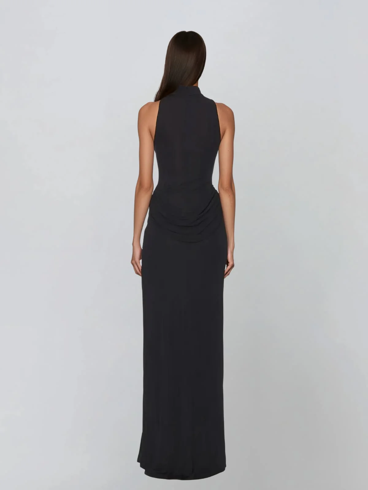 Exanthis High Neck Draped Split Maxi Dress In Black - Image 4