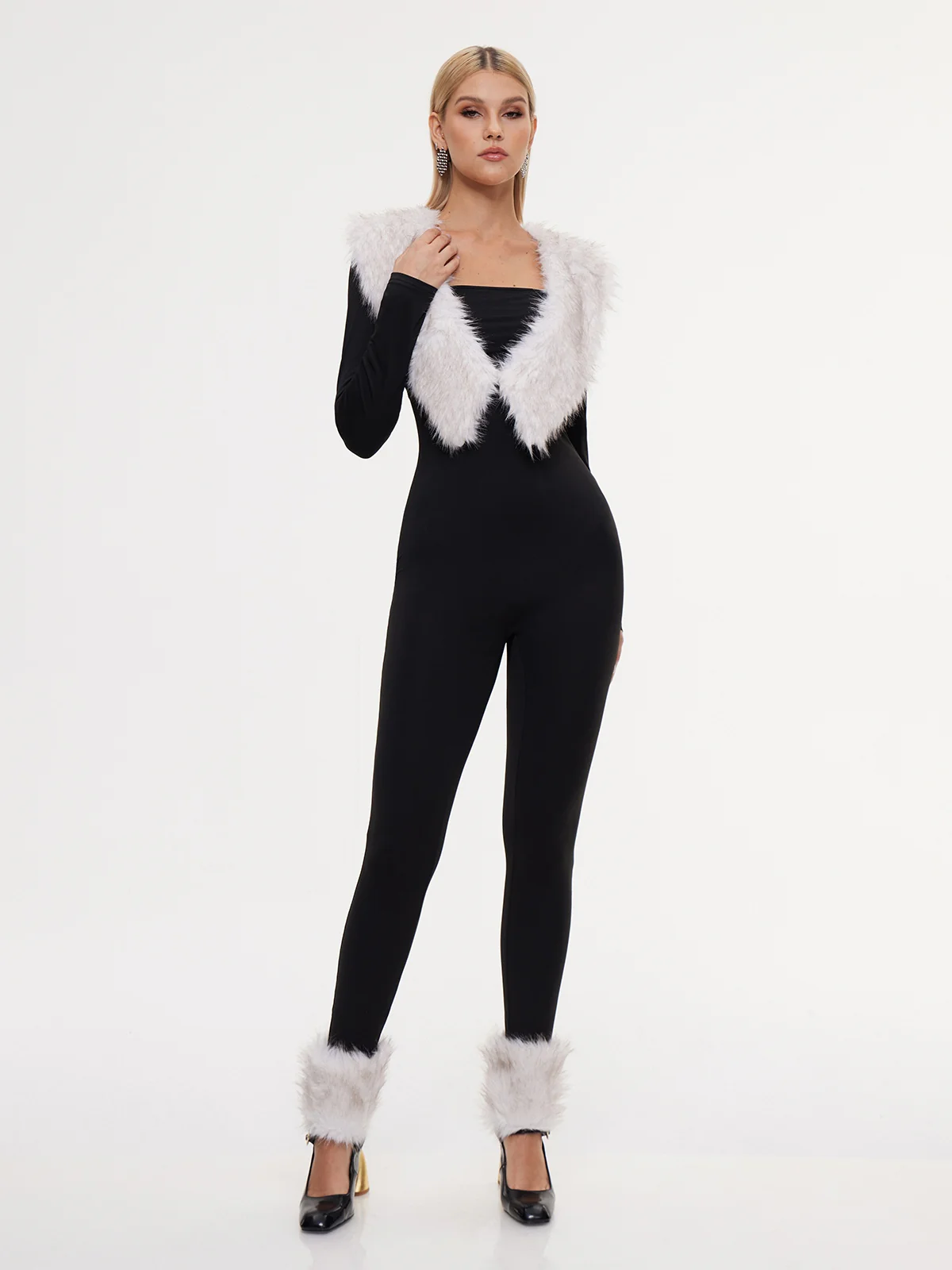 Exodia Plunge Neck Faux Fur Jumpsuit With Footmuffs
