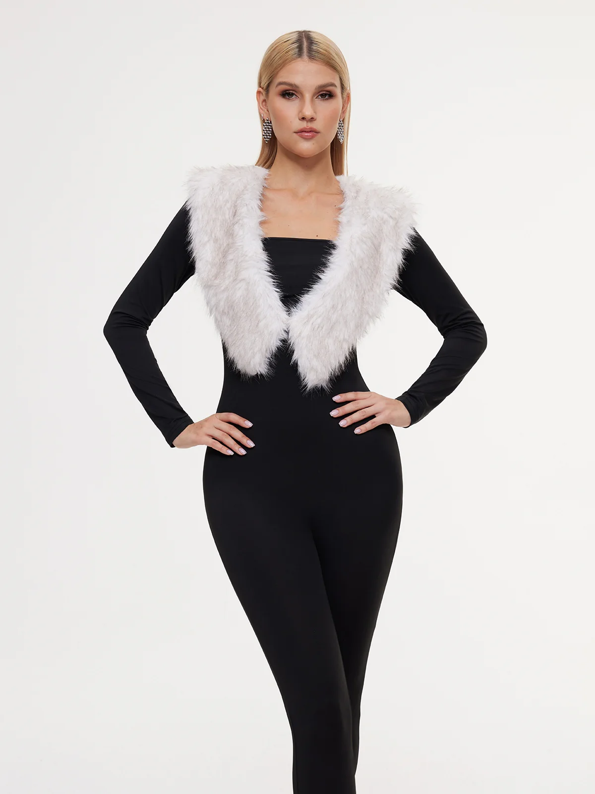 Exodia Plunge Neck Faux Fur Jumpsuit With Footmuffs - Image 4