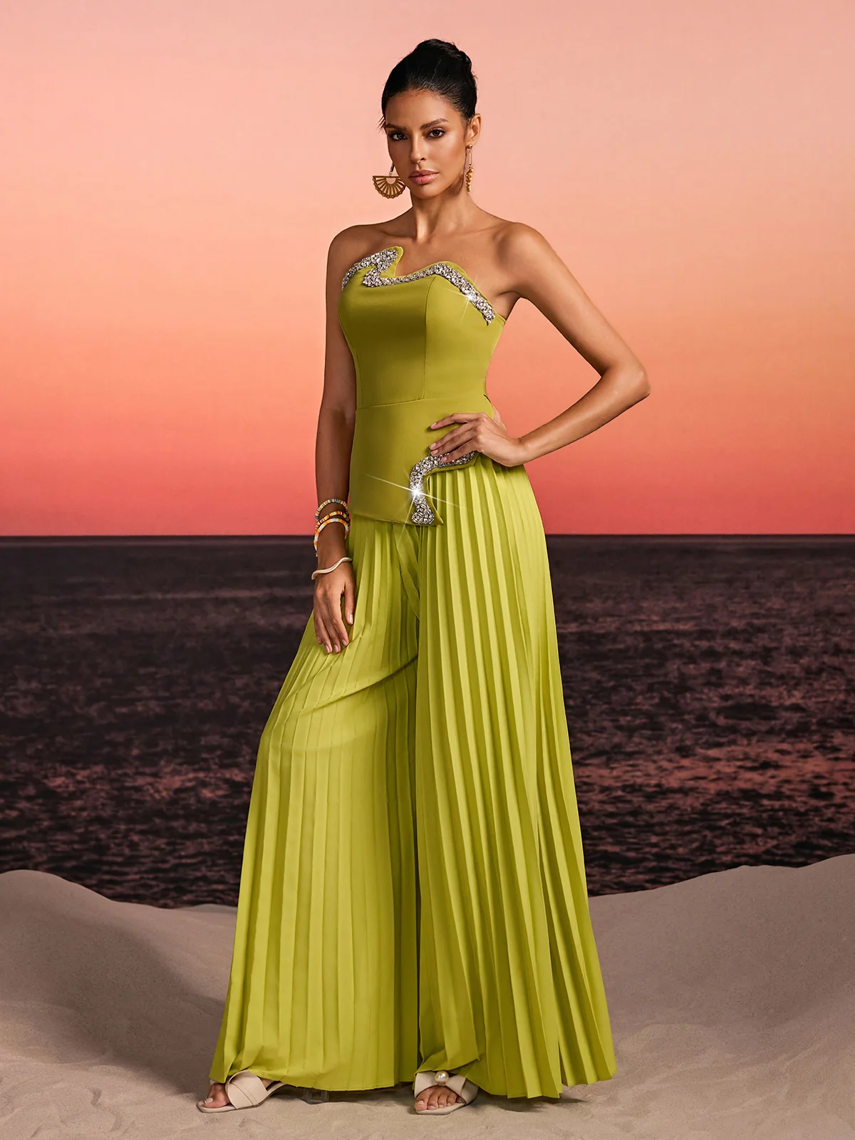 Fendro Strapless Crystal Pleated Pants Set In Green - Image 2